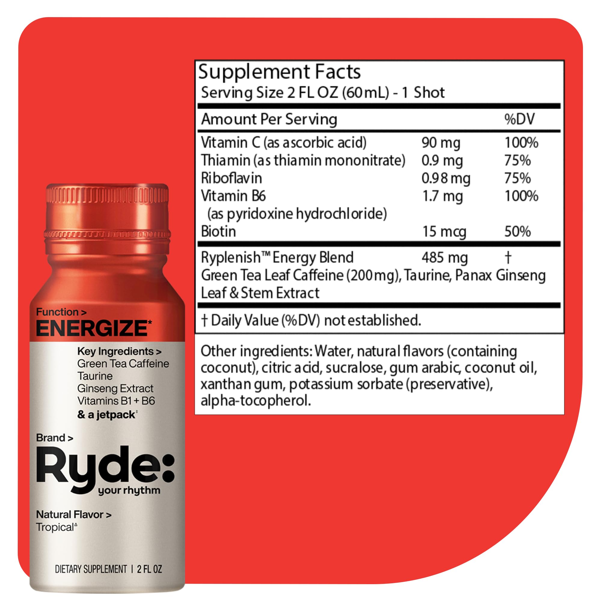 RYDE dosis de energía sabor tropical, botella para impulso rápido.