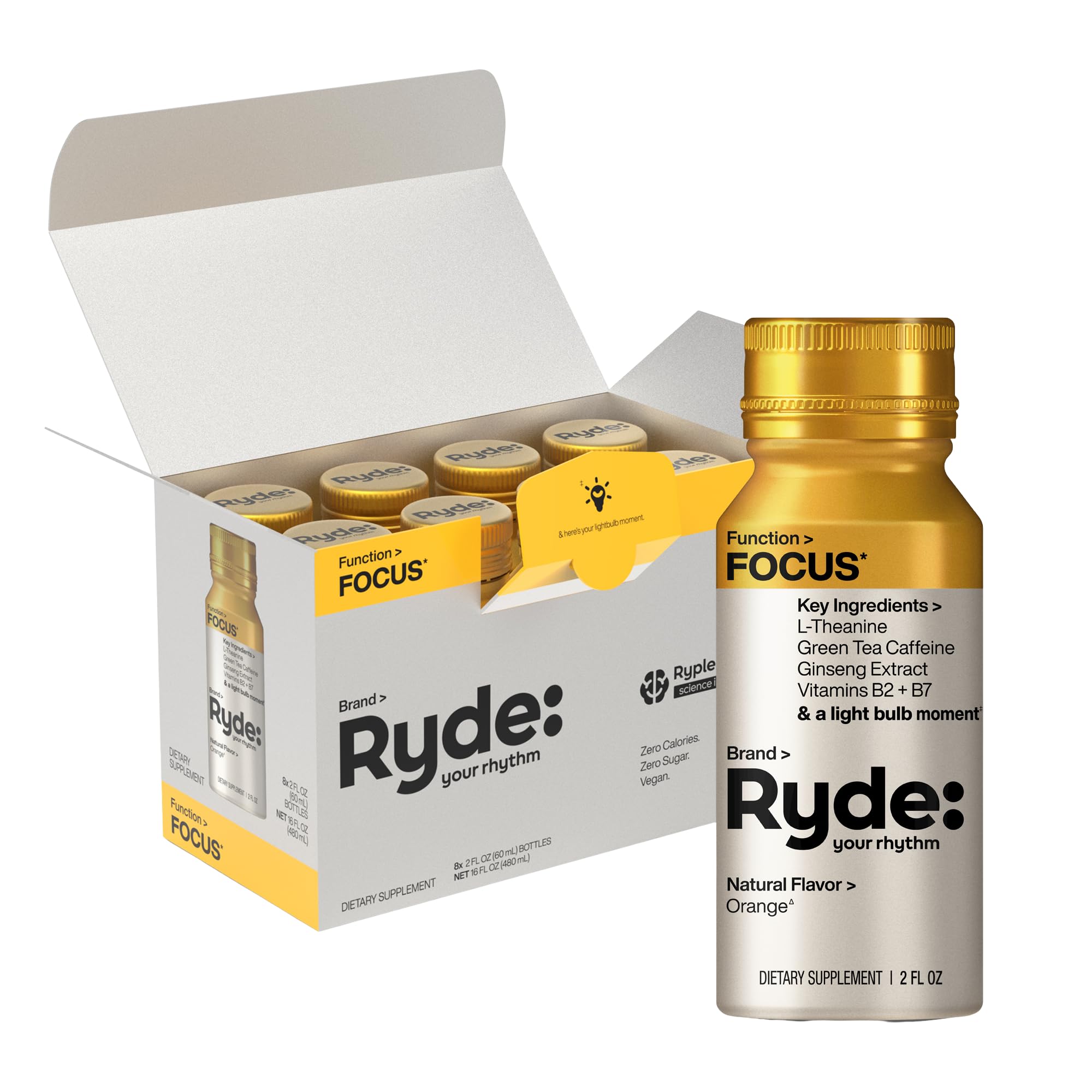 Ryde Focus Shot naranja: botella de 2 oz para concentración al instante.