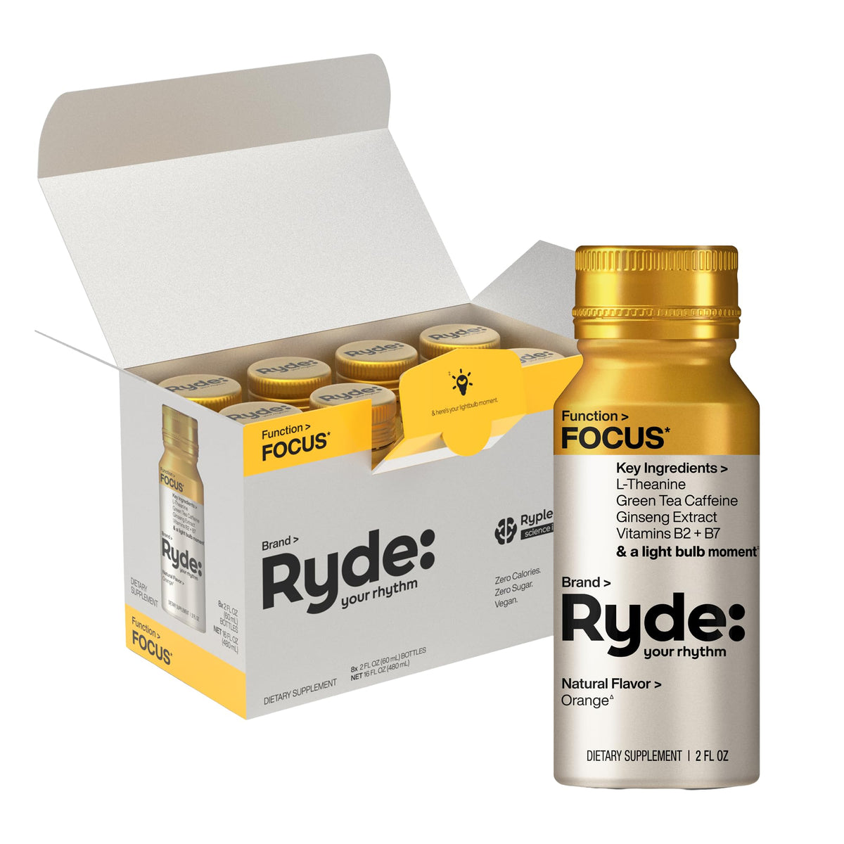 Ryde Focus Shot naranja: botella de 2 oz para concentración al instante.