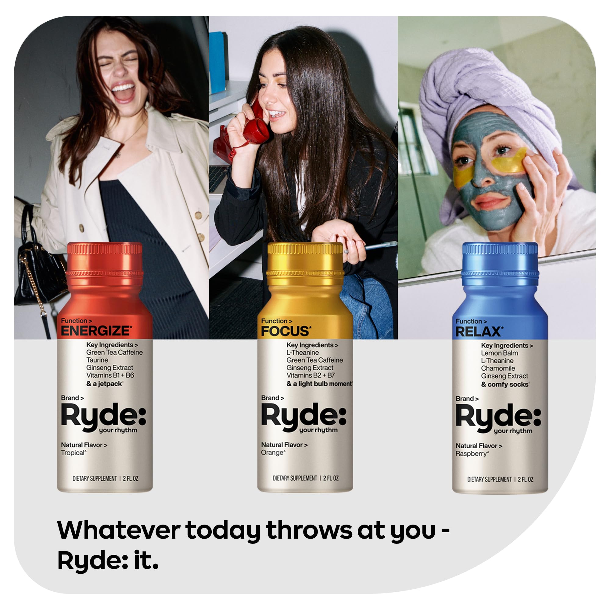 RYDE dosis de relajación sabor frambuesa, botella para calma breve.