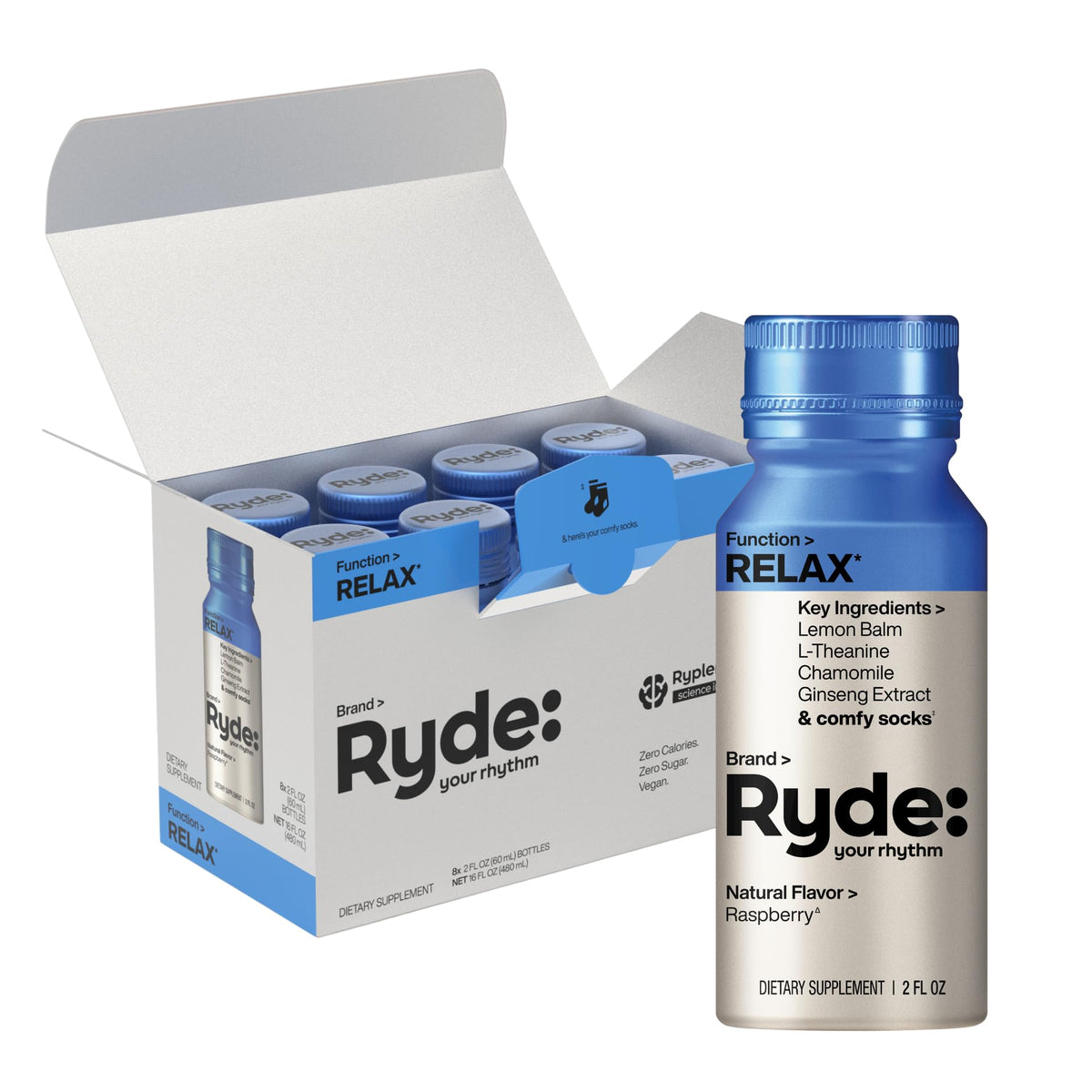 Ryde Relax Shot Frambuesa, botella de dos onzas para relajación diaria.