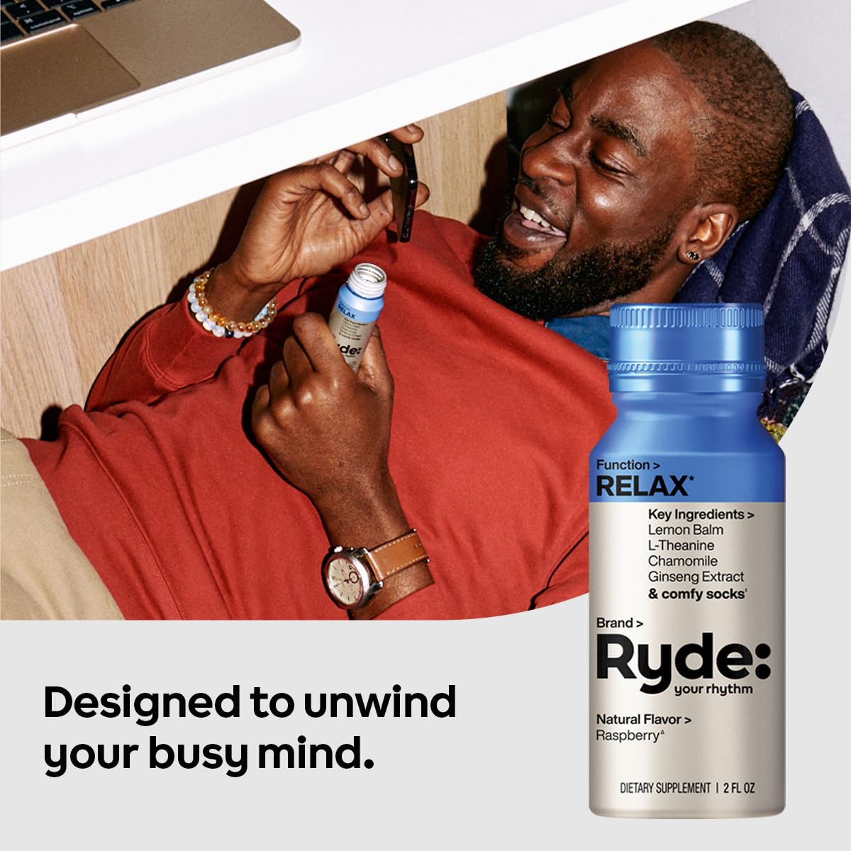 Ryde Relax Shot Frambuesa, ingredientes melisa y manzanilla para un perfil herbáceo suave.