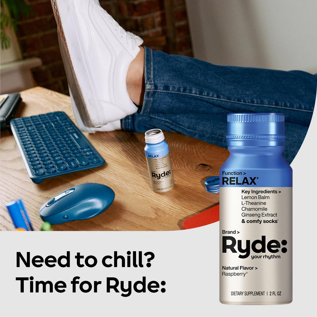 Opción vegana de Ryde Relax Shot Frambuesa, sin azúcar.