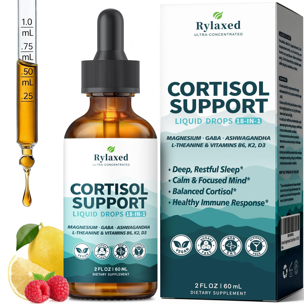Rylaxed Cortisol Drops: botella de 60 ml para apoyo diario a la calma.