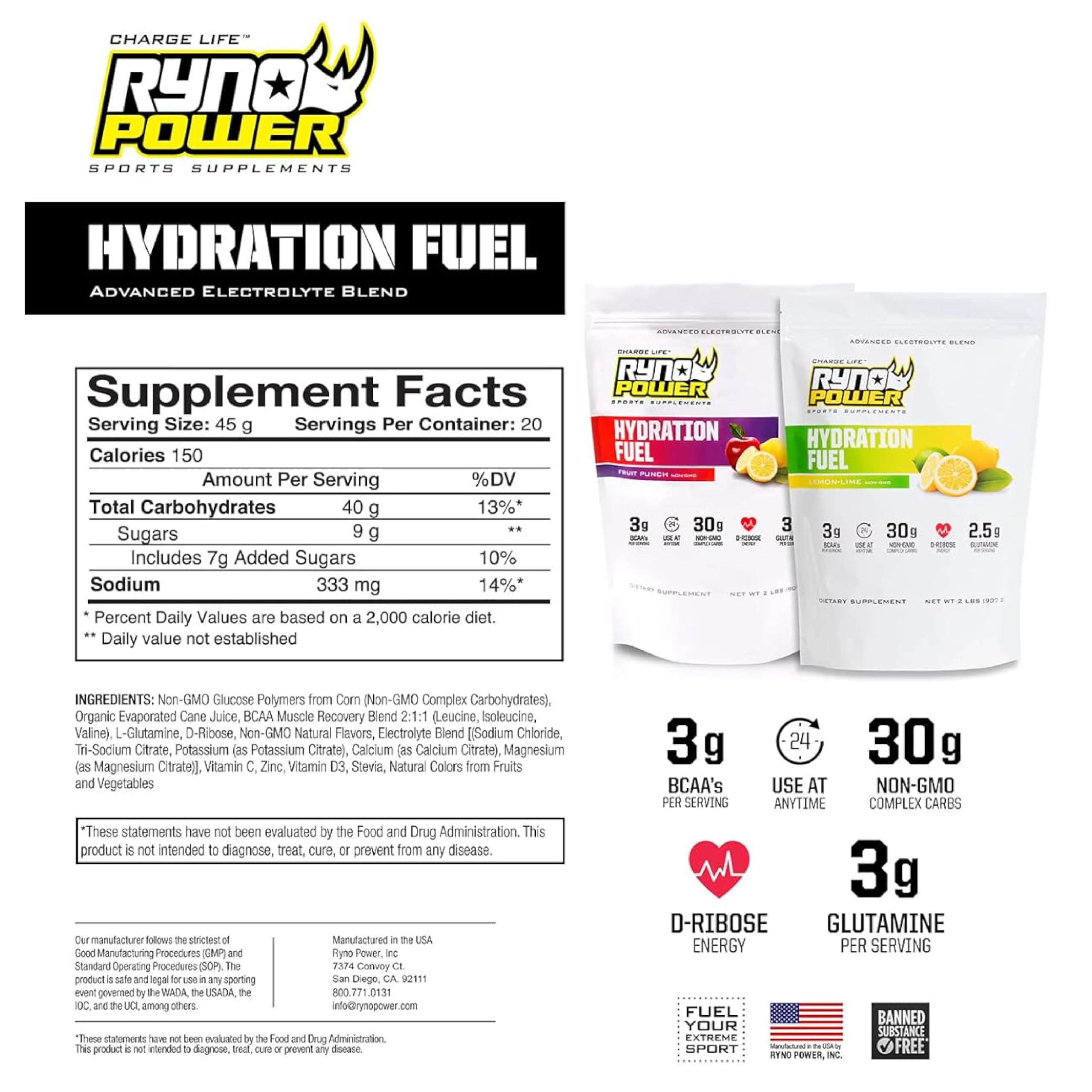 Ryno Power Hydration Fuel Fruta Punch combina BCAA y glutamina para rendimiento durante esfuerzos prolongados.