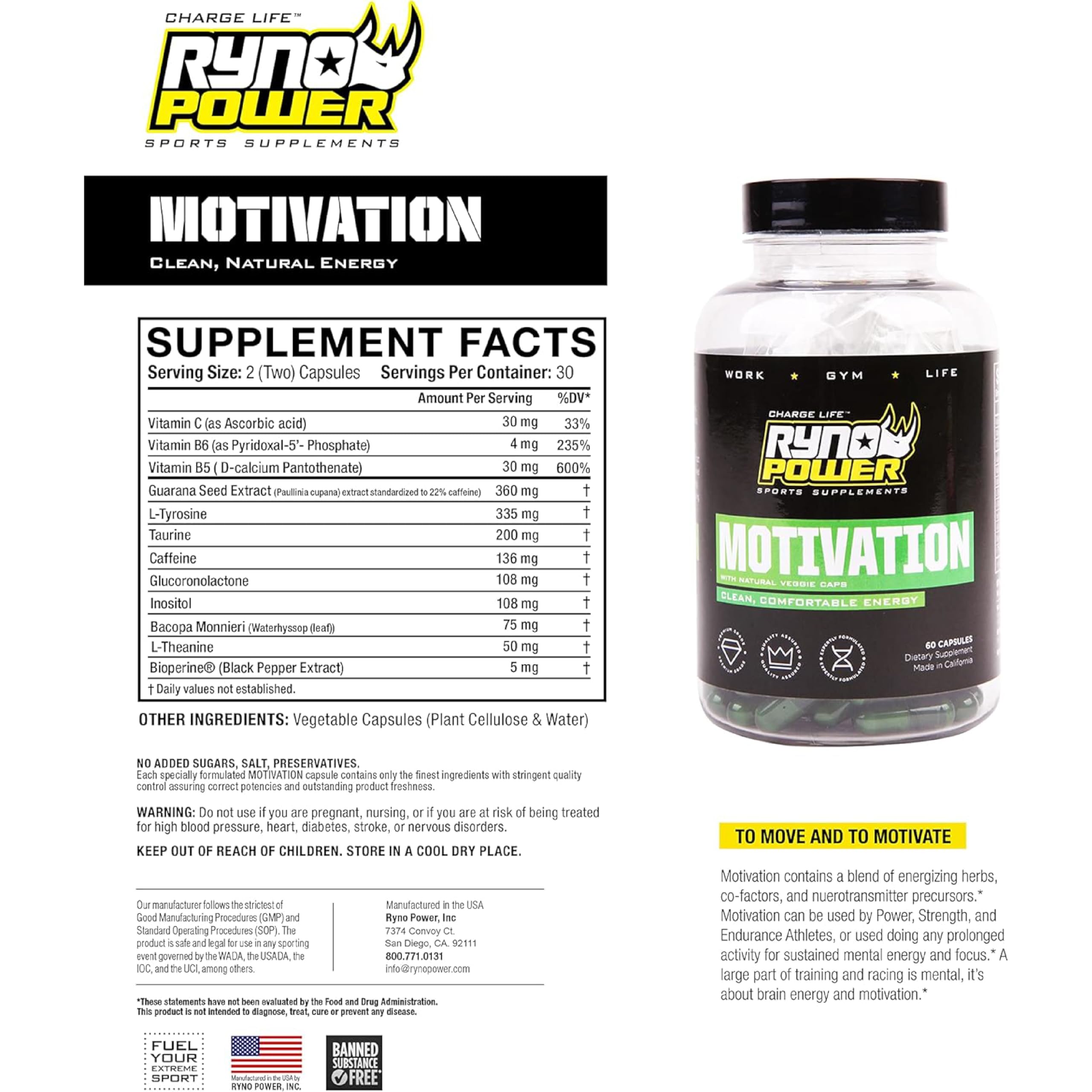 Ryno Power Motivación: etiqueta frontal que destaca ingredientes naturales para un impulso responsable