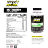 Ryno Power Motivación: etiqueta frontal que destaca ingredientes naturales para un impulso responsable