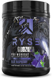 RYSE Godzilla blue raspberry bottle showcases bold flavor for energized workouts.