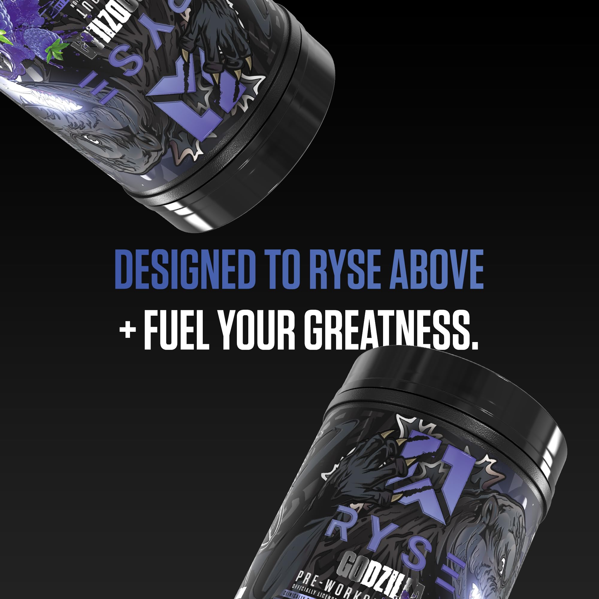 RYSE Godzilla blue raspberry powder dissolves cleanly in water for a smooth serve.