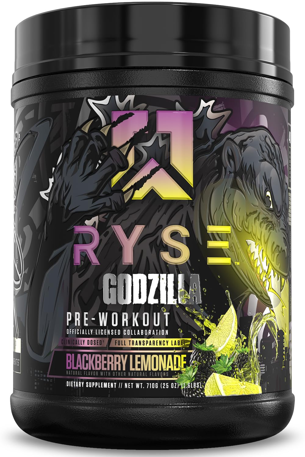 RYSE Godzilla Noel Deyzel, botella frente, energía sostenida para entrenamientos intensos.