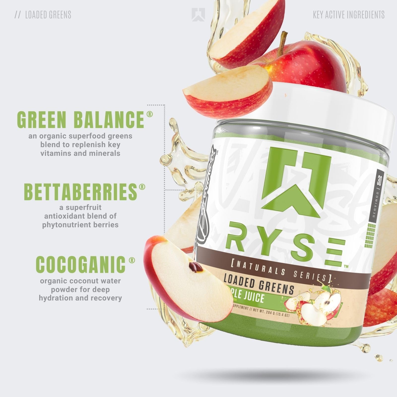 RYSE Loaded Greens batido verde cremoso para energía y digestión suave