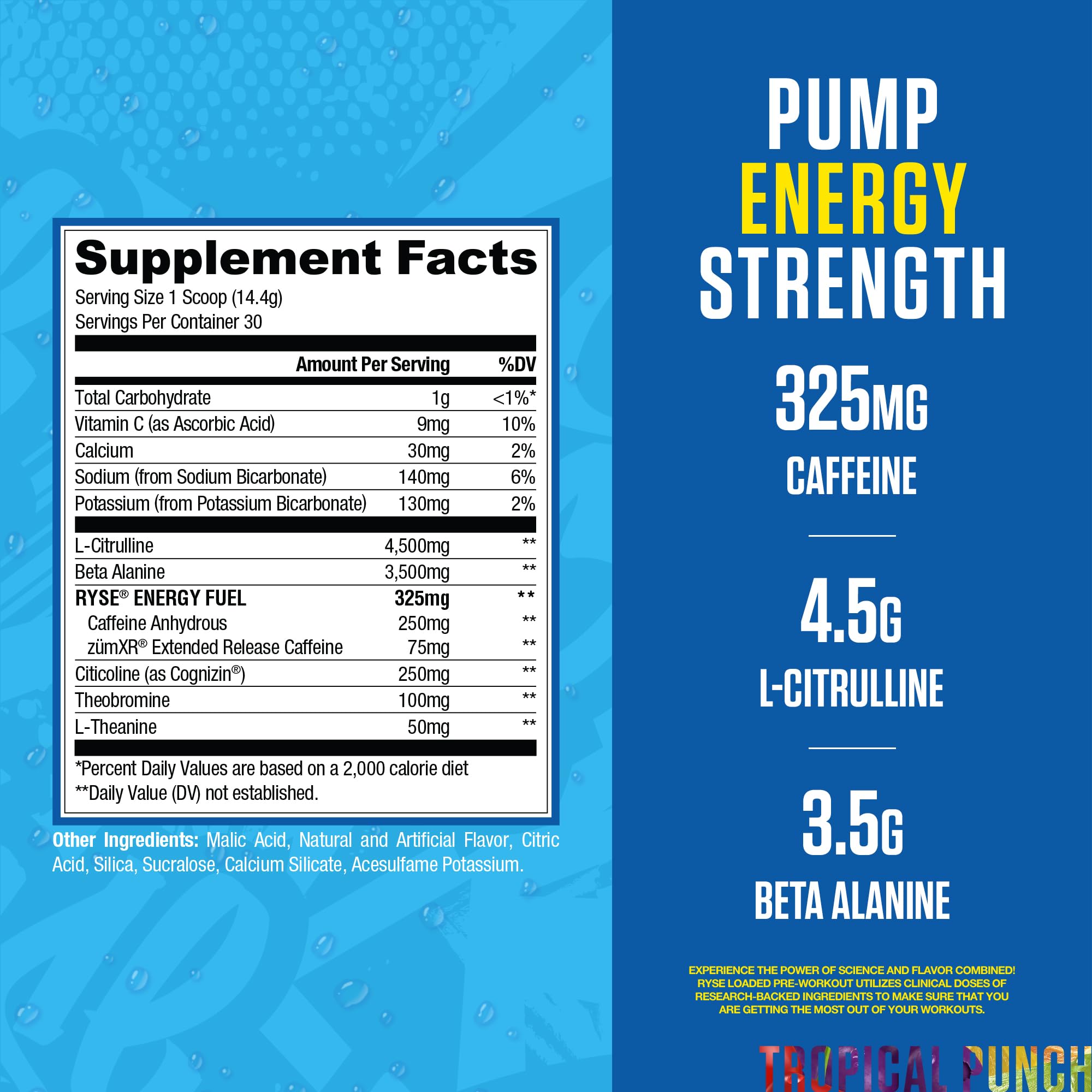 Etiqueta frontal de Ryse Loaded Pre Entrenamiento Kool-Aid Tropical Punch visible