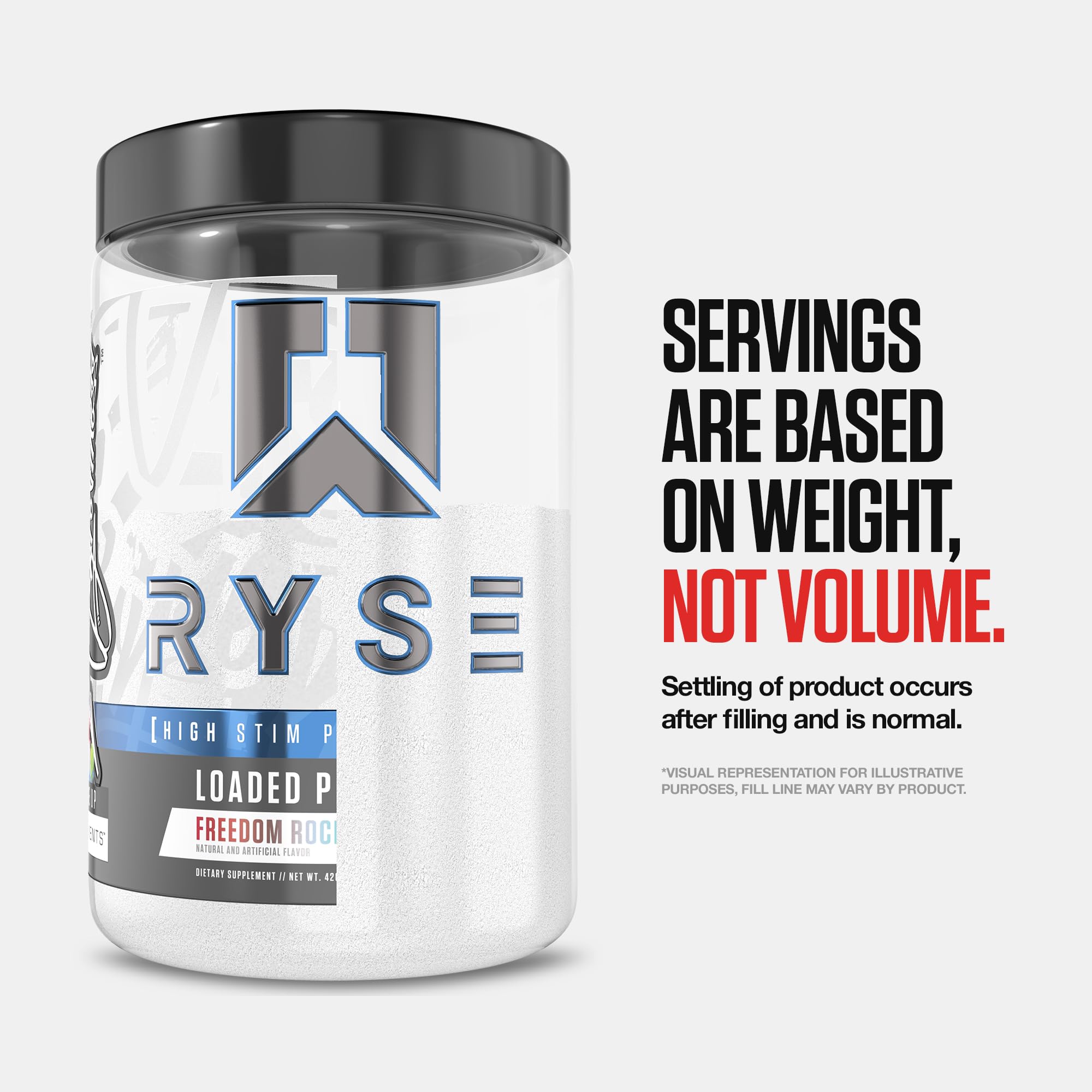 Logo de la marca y envase de RYSE Loaded Preentreno Ring Pop Cherry