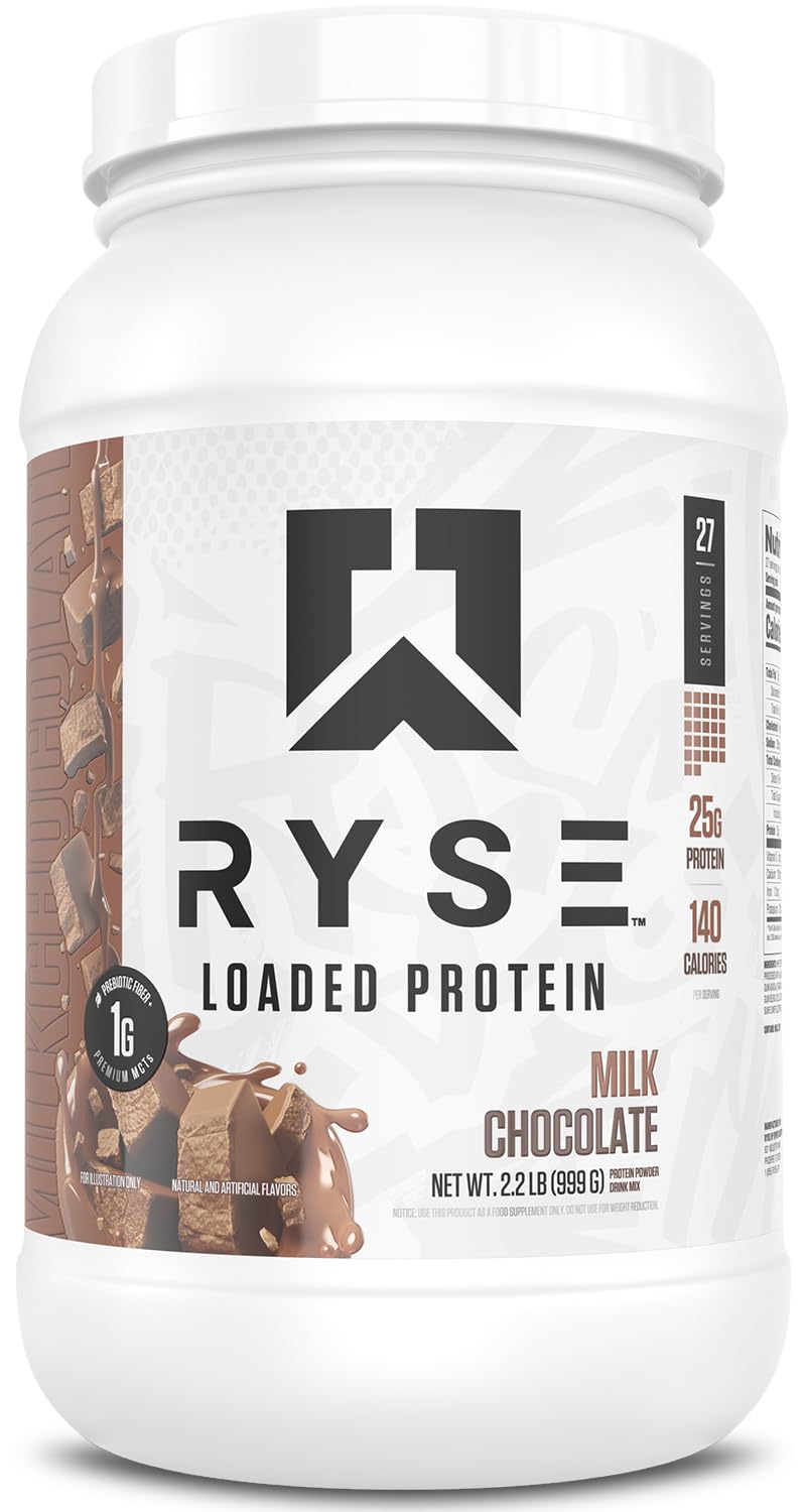 RYSE Loaded Protein Chocolate con Leche en tubo de 27 porciones apoya la recuperación muscular.