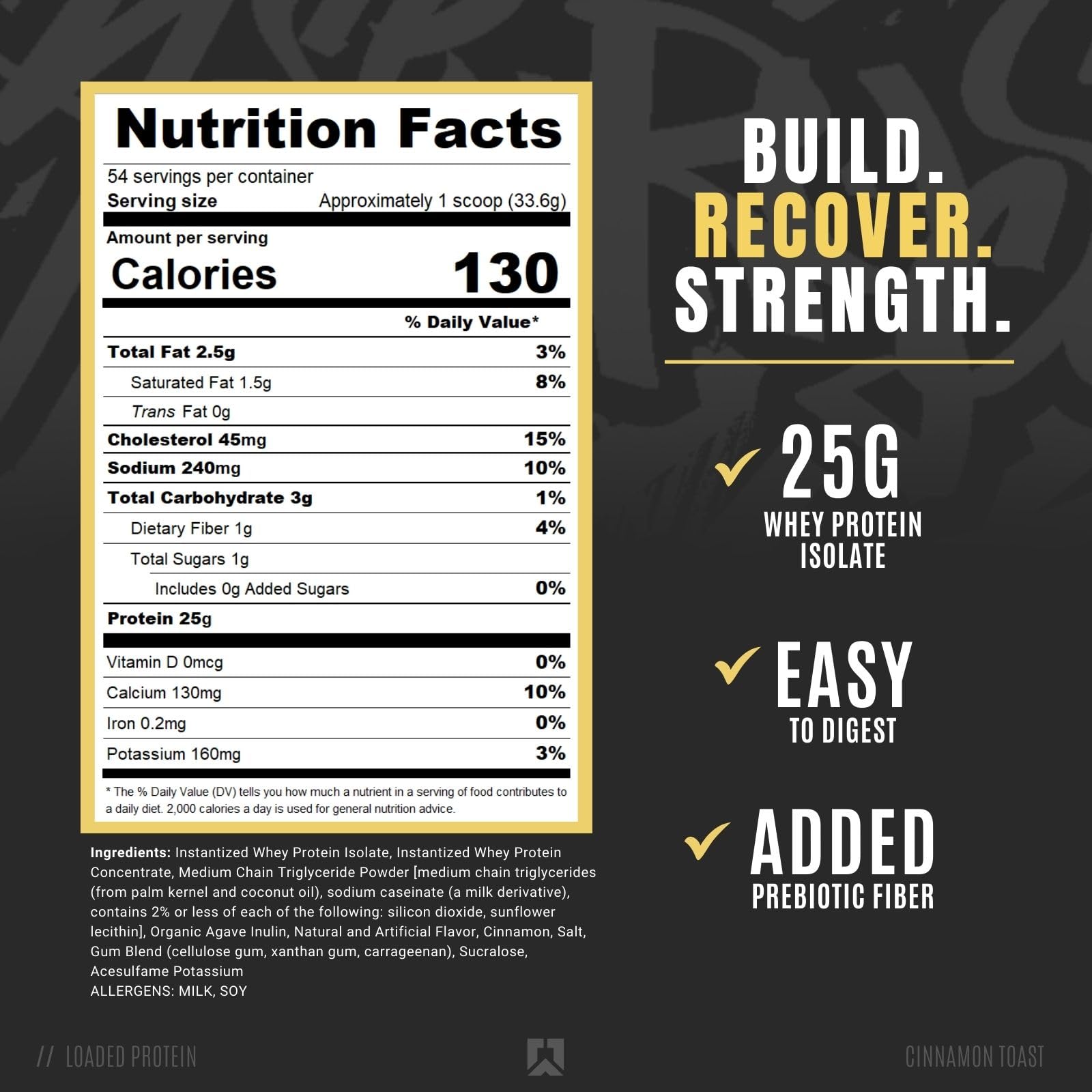 RYSE Loaded Protein Cinnamon Toast etiqueta visible con información de sabor y valor nutricional