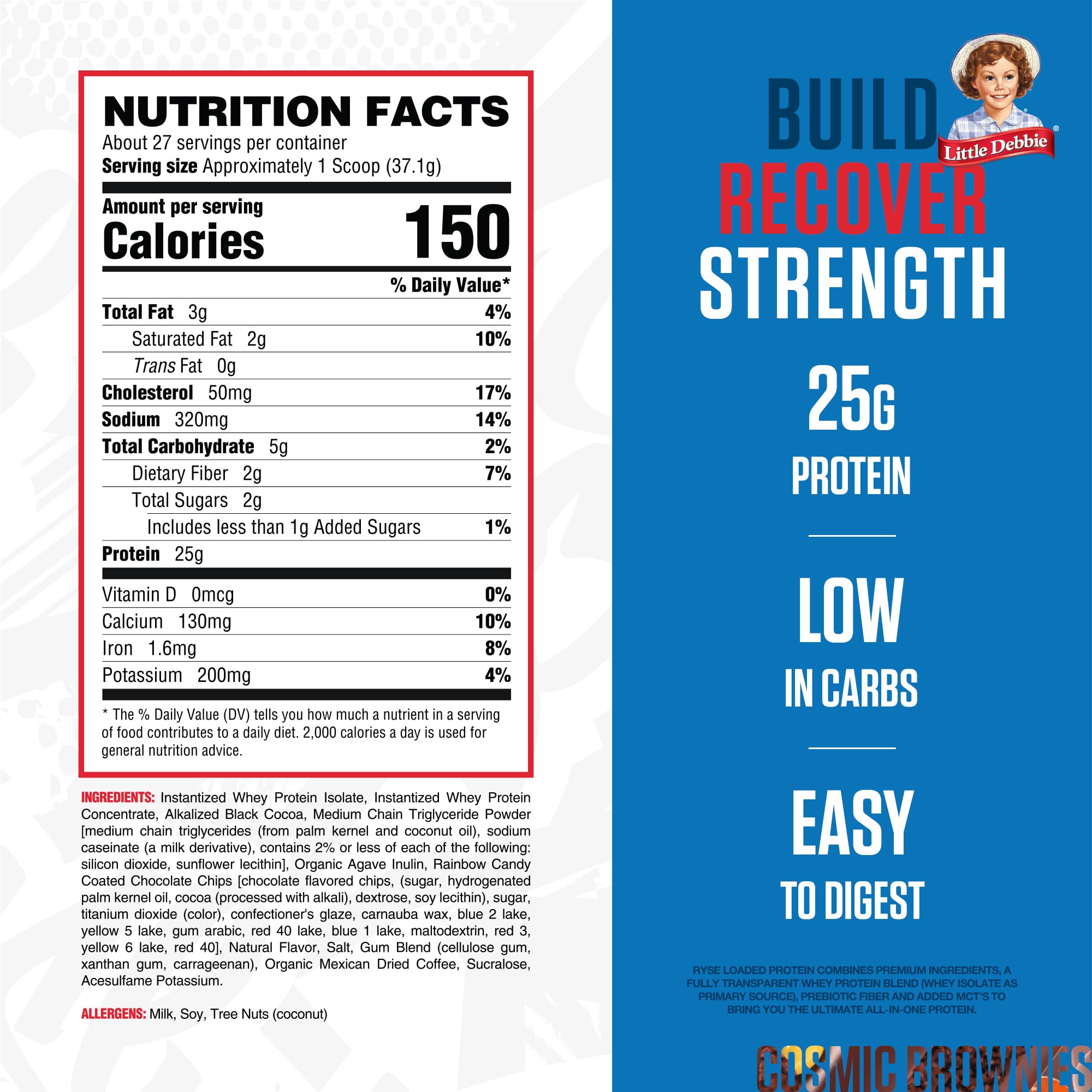 RYSE Loaded Cosmic Brownie con etiqueta frontal: sabor indulgente para entrenamientos.