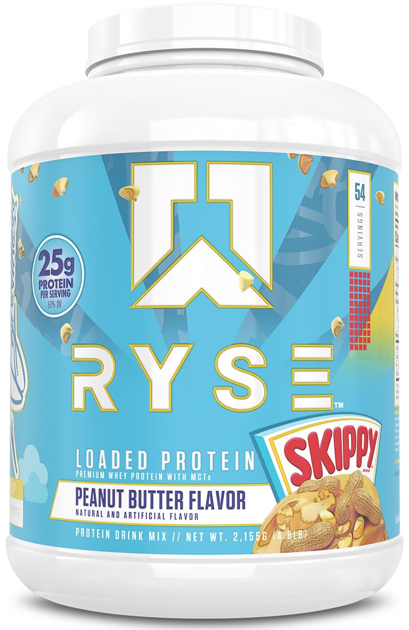RYSE Loaded Protein Skippy Mantequilla de cacahuete, vista frontal, ideal para recuperación muscular post-entrenamiento.