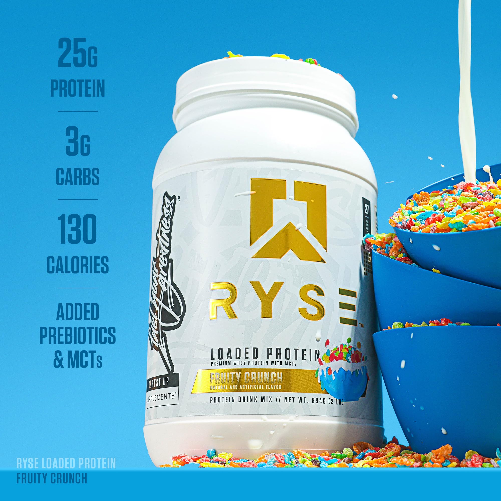 RYSE Fruta Crujiente detalle de etiqueta con información de proteína y prebiótica