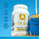 RYSE Fruta Crujiente detalle de etiqueta con información de proteína y prebiótica