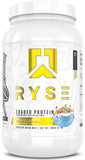 RYSE Fruta Crujiente: etiqueta del tubo destacando proteína de alta calidad para músculo