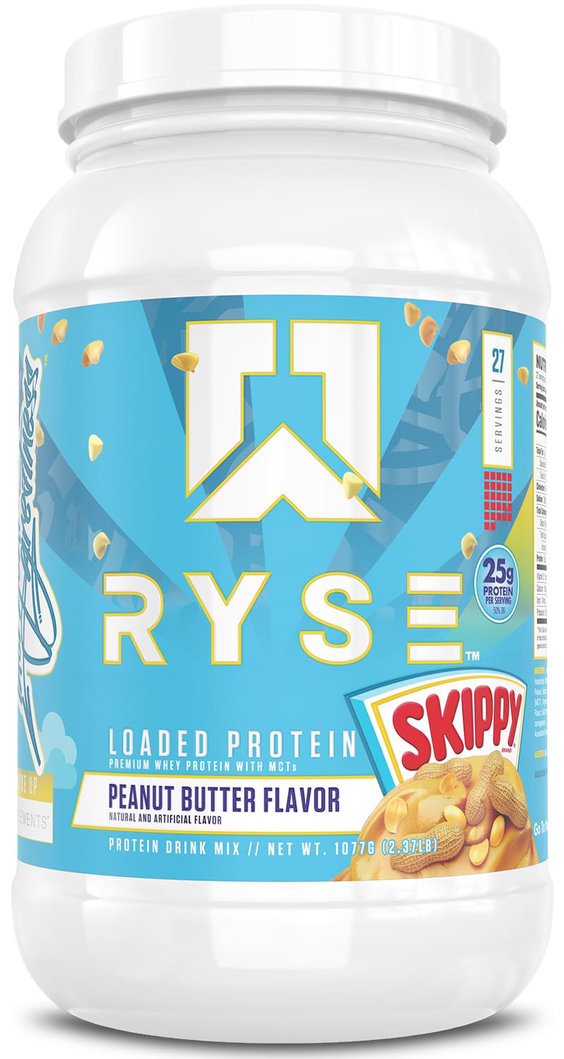 RYSE Loaded Protein Powder con Skippy mantequilla de cacahuete en contenedor, ideal para entrenar