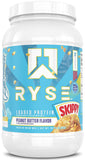 RYSE Loaded Protein Powder con Skippy mantequilla de cacahuete en contenedor, ideal para entrenar