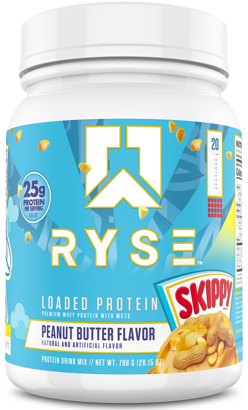 Proteína Cargada de RYSE: tubo frontal con sabor crema de cacahuate, ideal para recuperación muscular