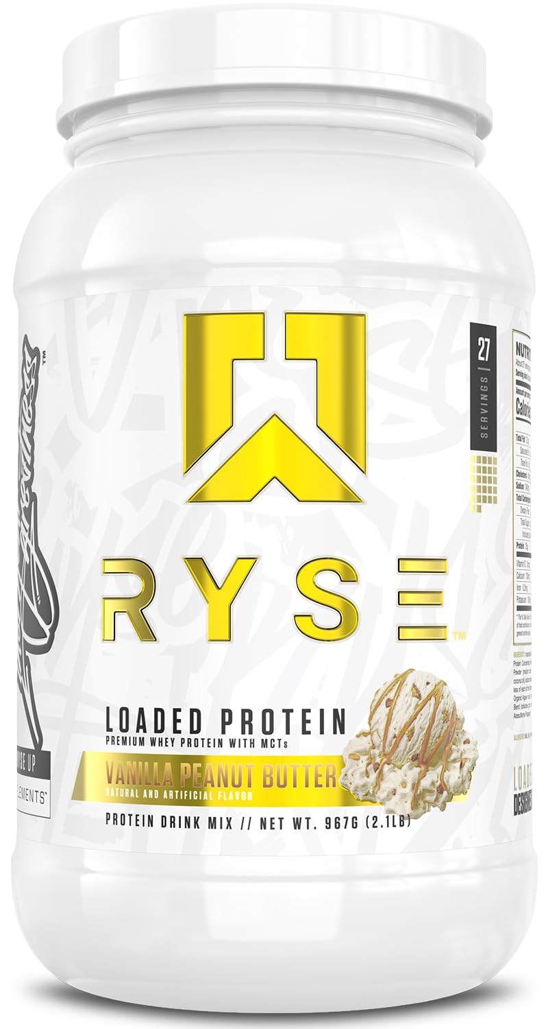 RYSE Loaded – envase 2 lb con sabor vainilla y mantequilla de maní, proteína de calidad.