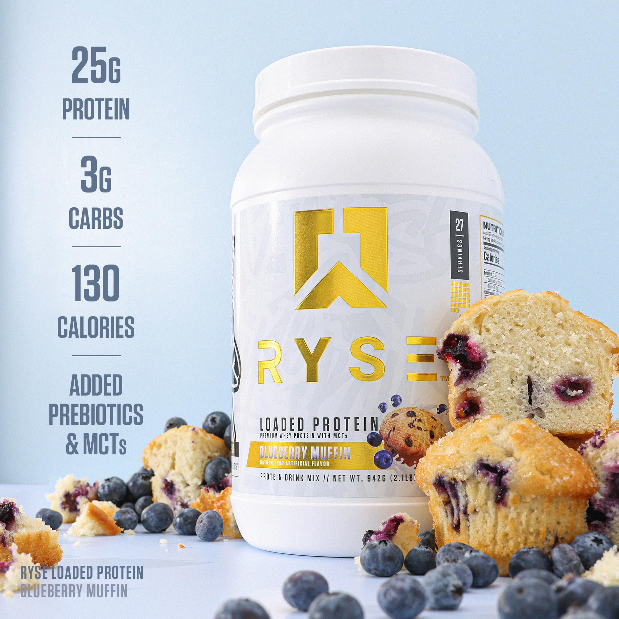RYSE Proteína en Polvo arándano horneado: mezcla con fibra prebiótica para digestión suave