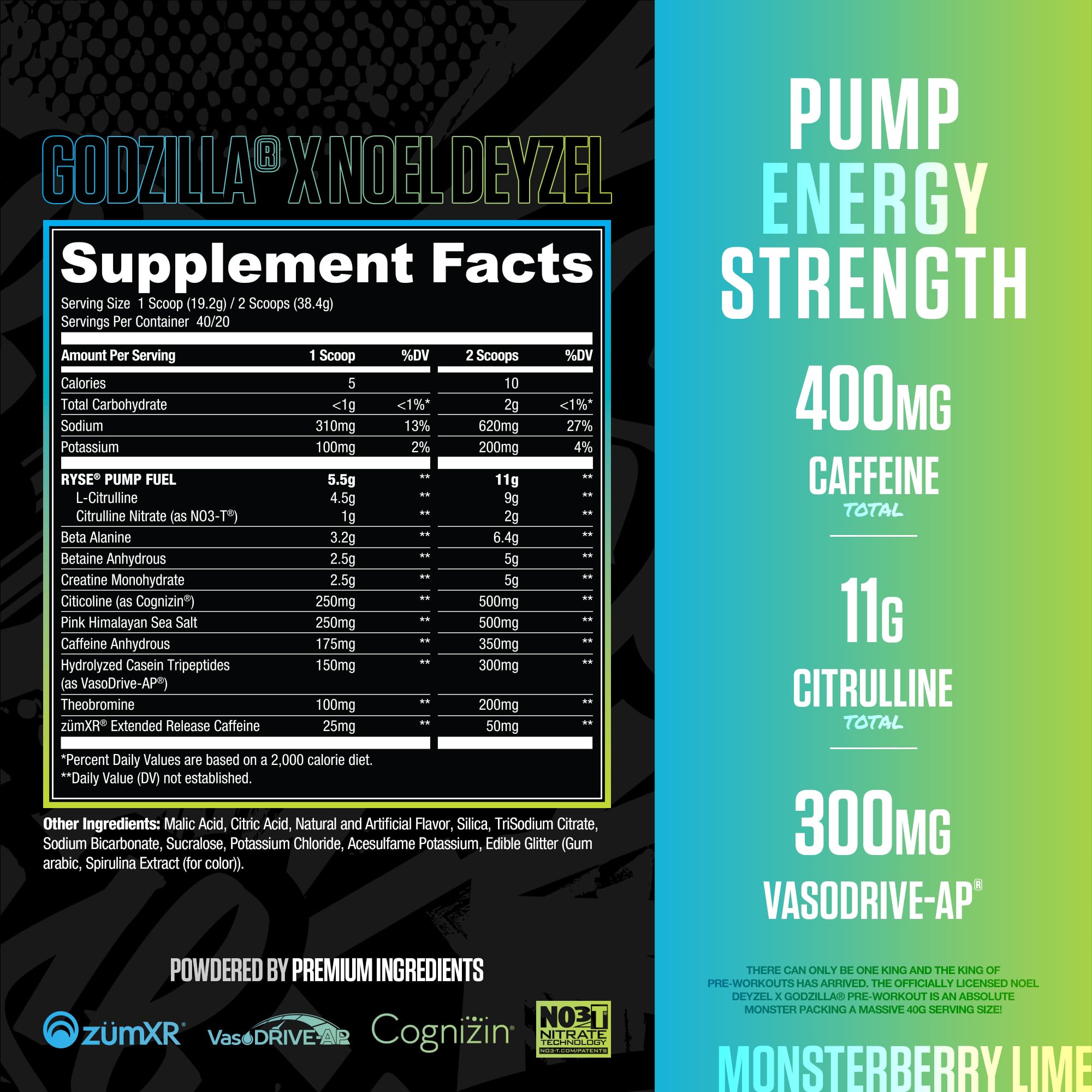 RYSE Godzilla Monsterberry Lime: etiqueta detallada para conocer dosis y beneficios potenciales.