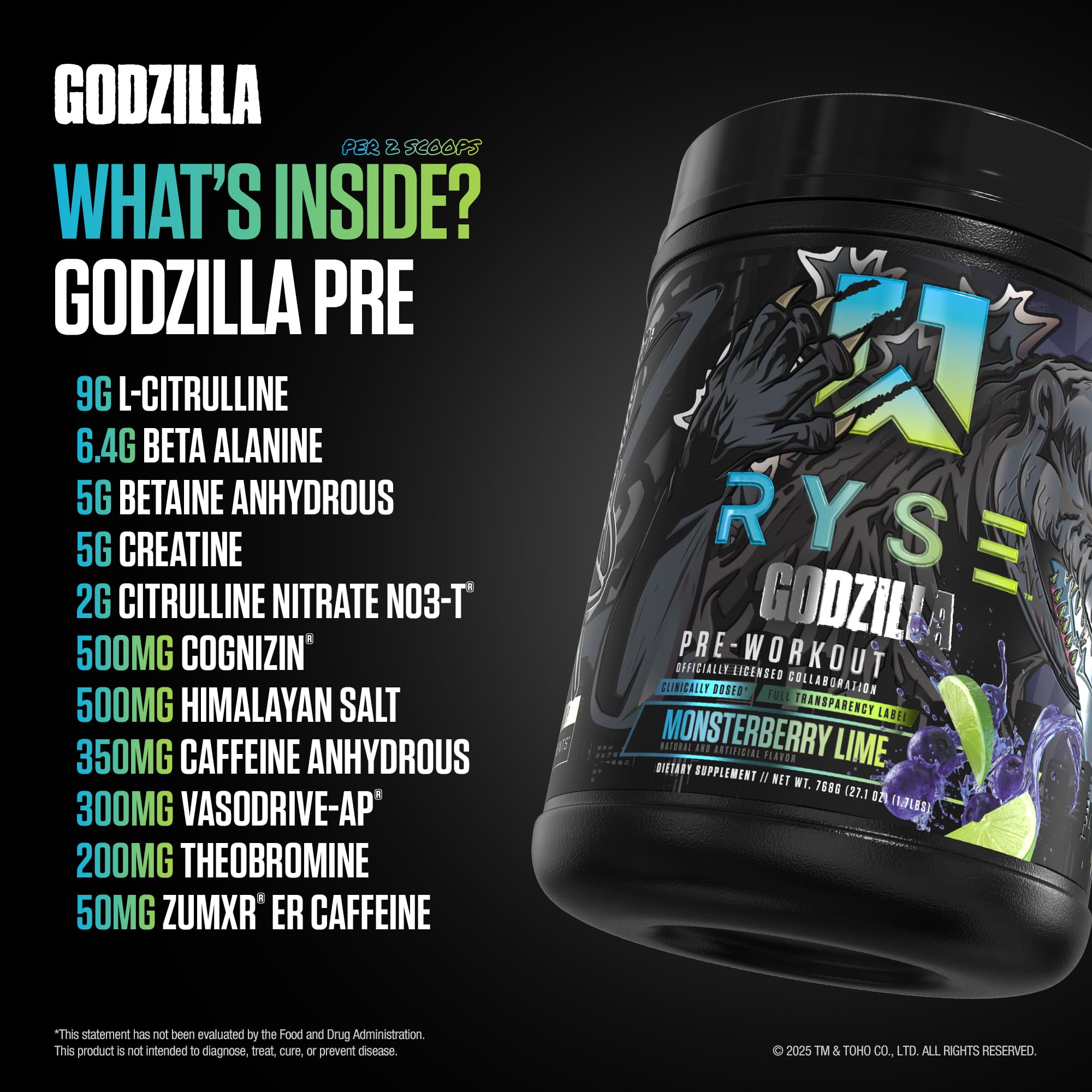 RYSE Godzilla Monsterberry Lime: ingredientes clave visibles para rendimiento y recuperación.