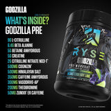 RYSE Godzilla Monsterberry Lime: ingredientes clave visibles para rendimiento y recuperación.