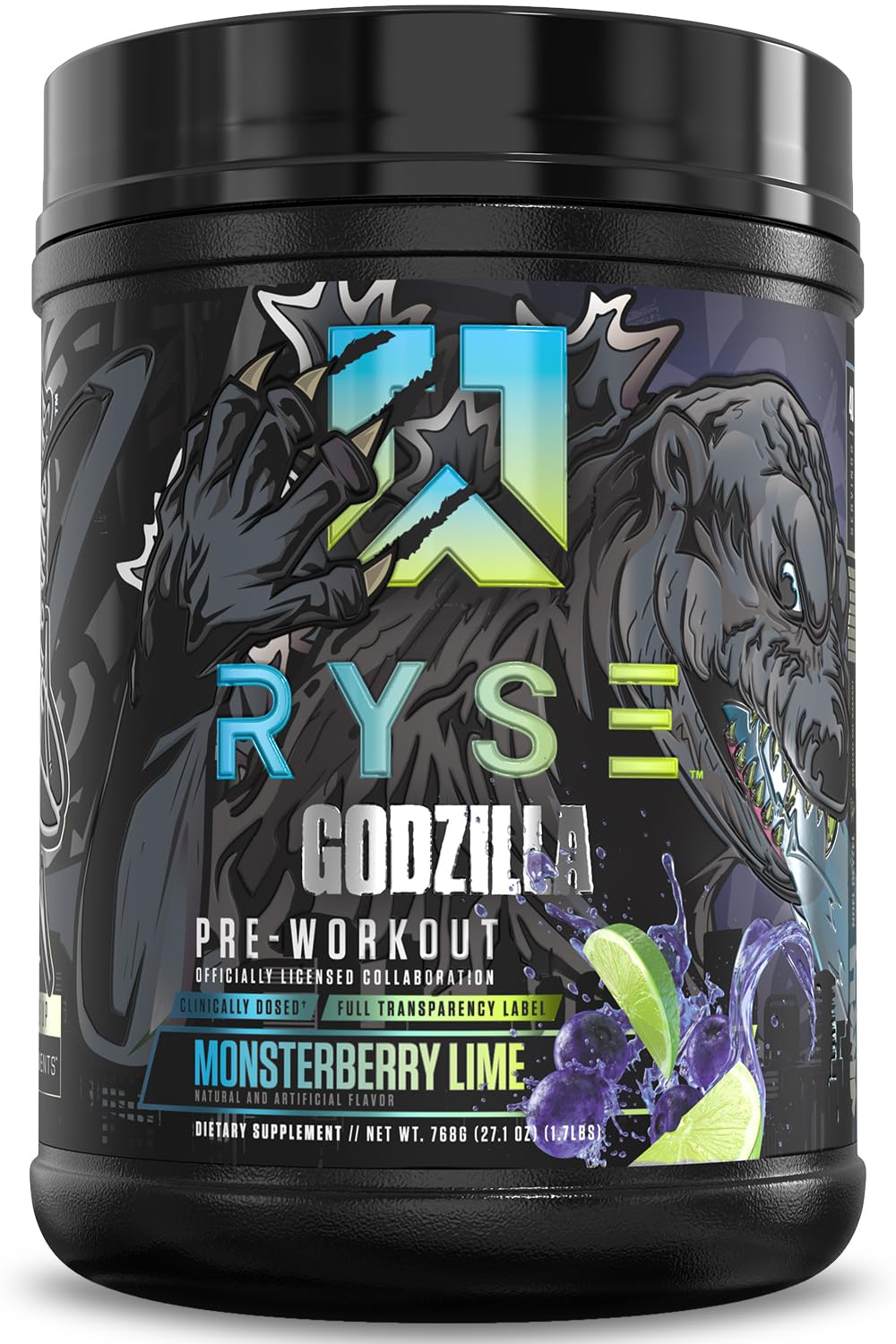 RYSE Godzilla Monsterberry Lime: lata frontal para energía sostenida durante entrenamientos intensos.