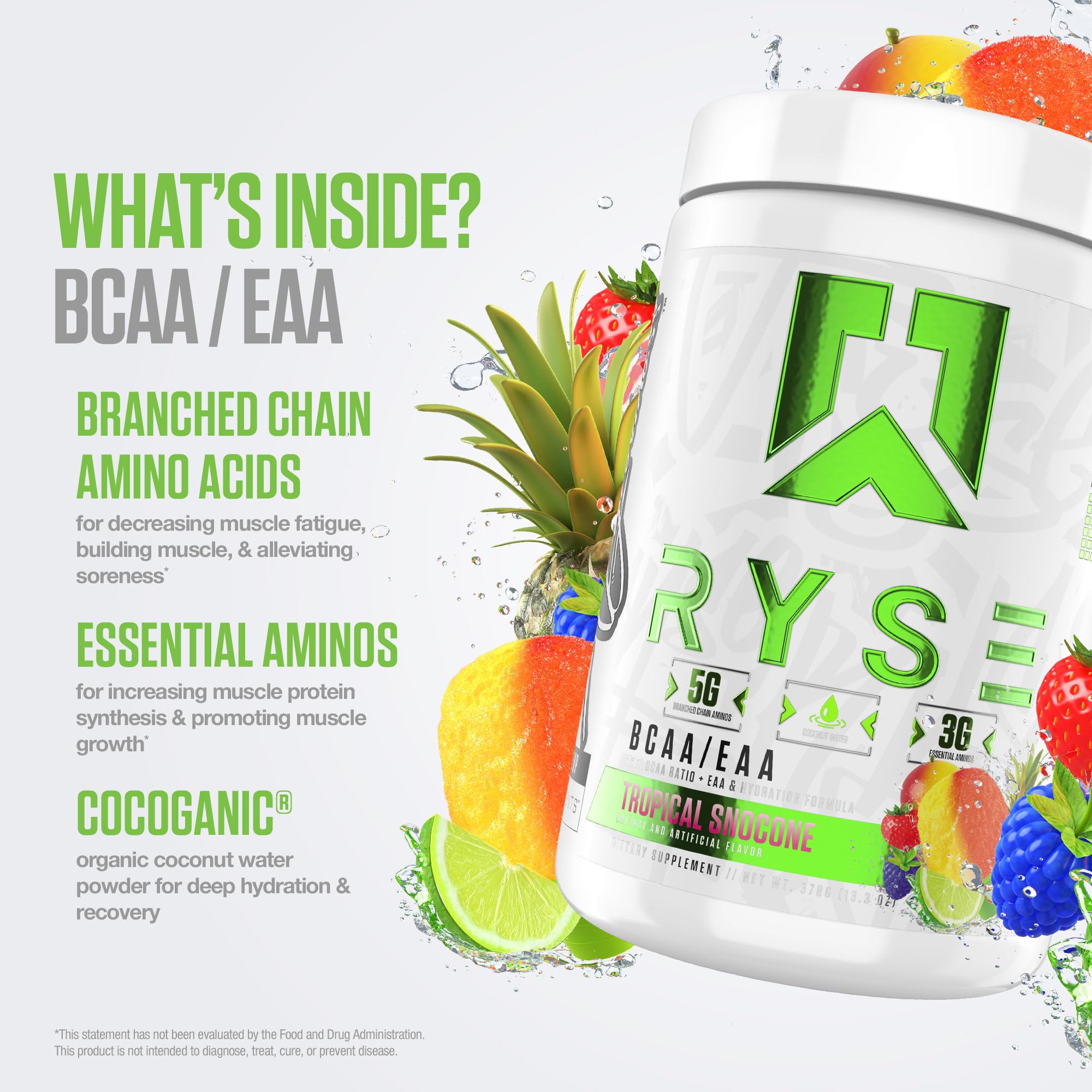 RYSE BCAA EAA Tropical SnoCone envase abierto, sabor sin azúcares añadidos.