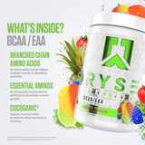 RYSE BCAA EAA Tropical SnoCone envase abierto, sabor sin azúcares añadidos.