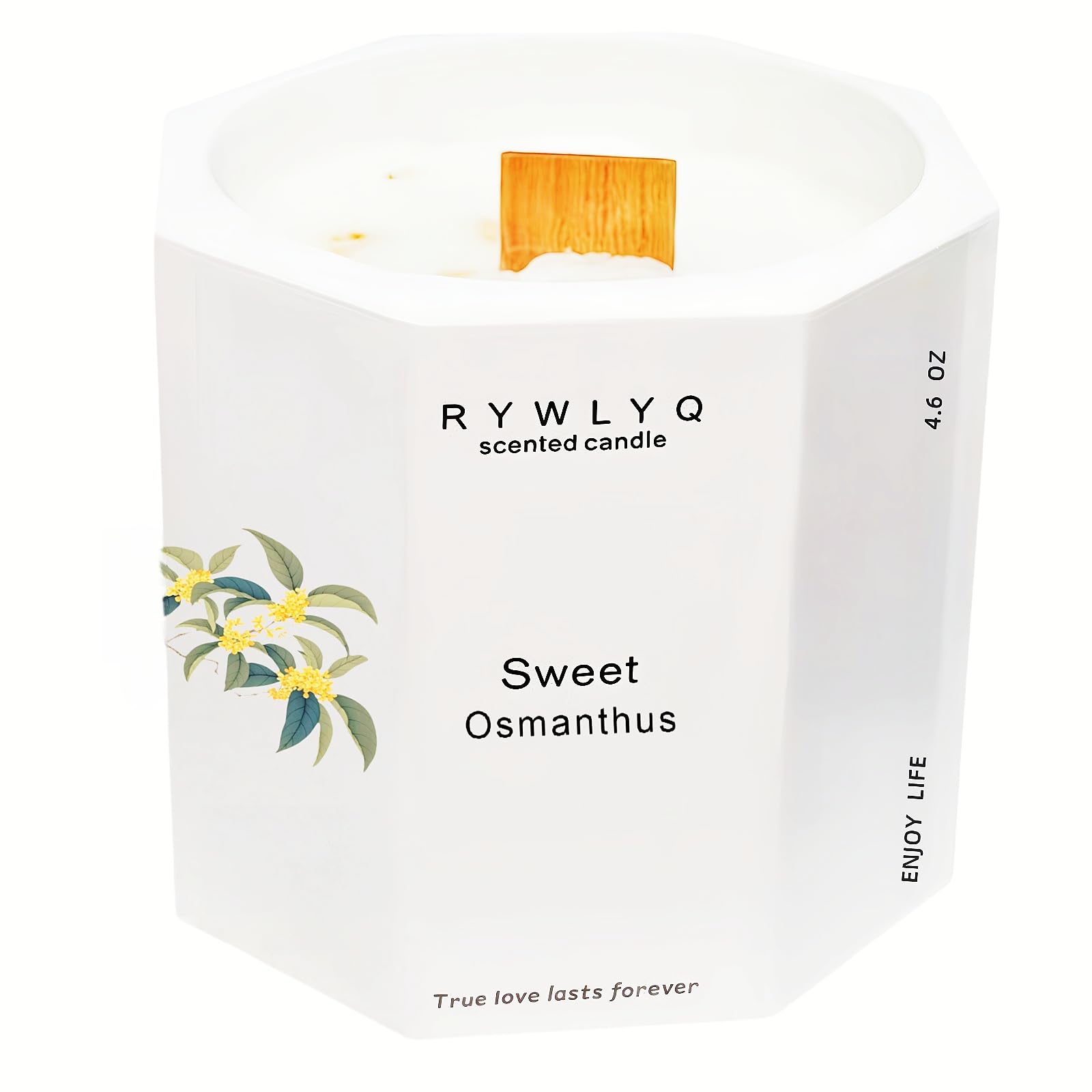 Vela RYWLYQ Osmanthus en cerámica blanca octogonal, ideal para relajación y ambiente.