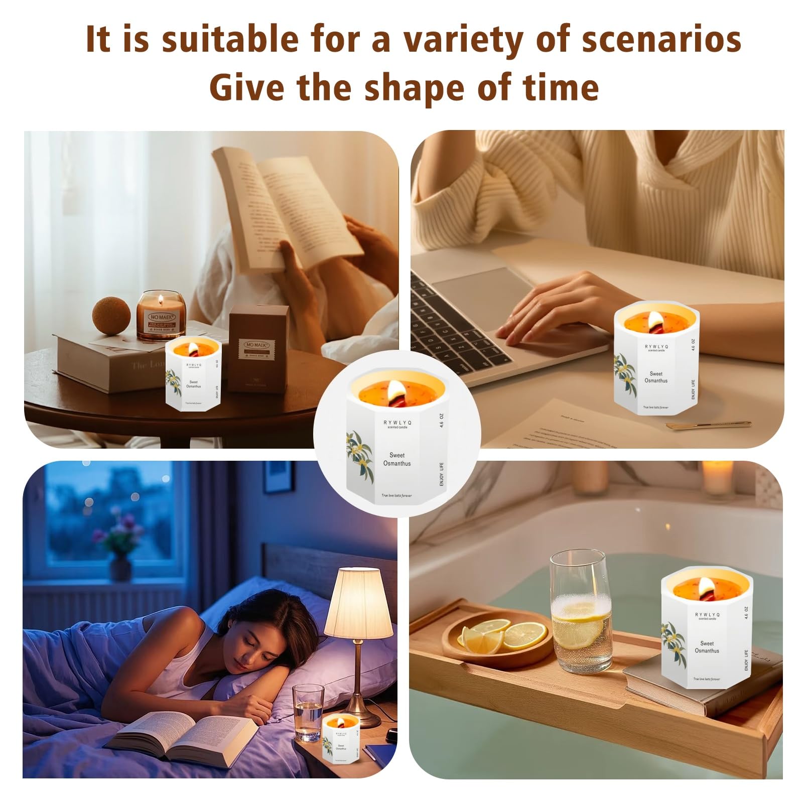 RYWLYQ Osmanthus, primer plano de pétalos y cera de soja, aroma floral suave.