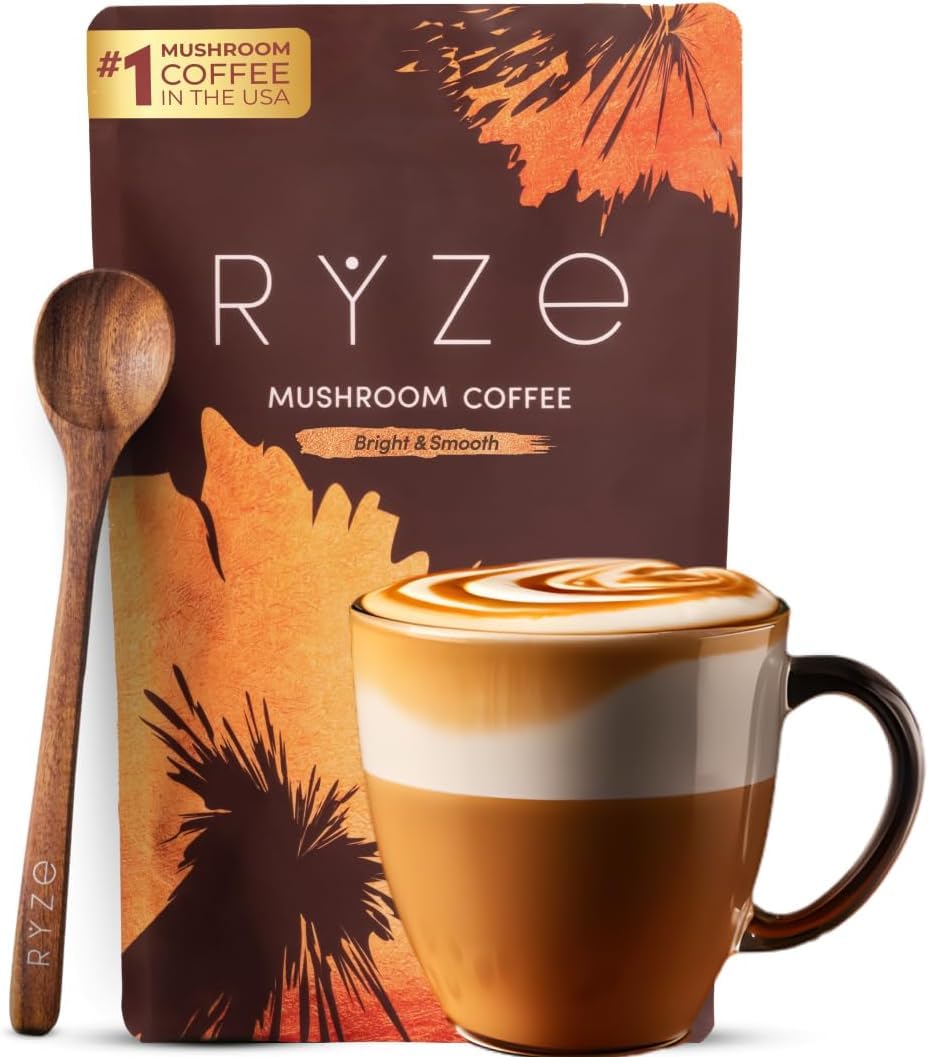 RYZE Mushroom Coffee en empaque destaca café orgánico y hongos adaptógenos para energía sostenible.