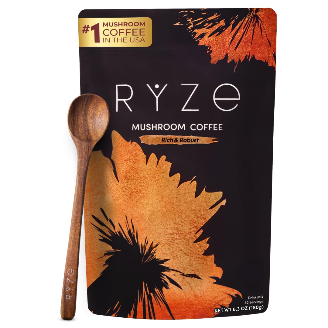RYZE SUPERFOODS Café de Hongos Tostado Oscuro en empaque, ideal para despertar con energía estable.