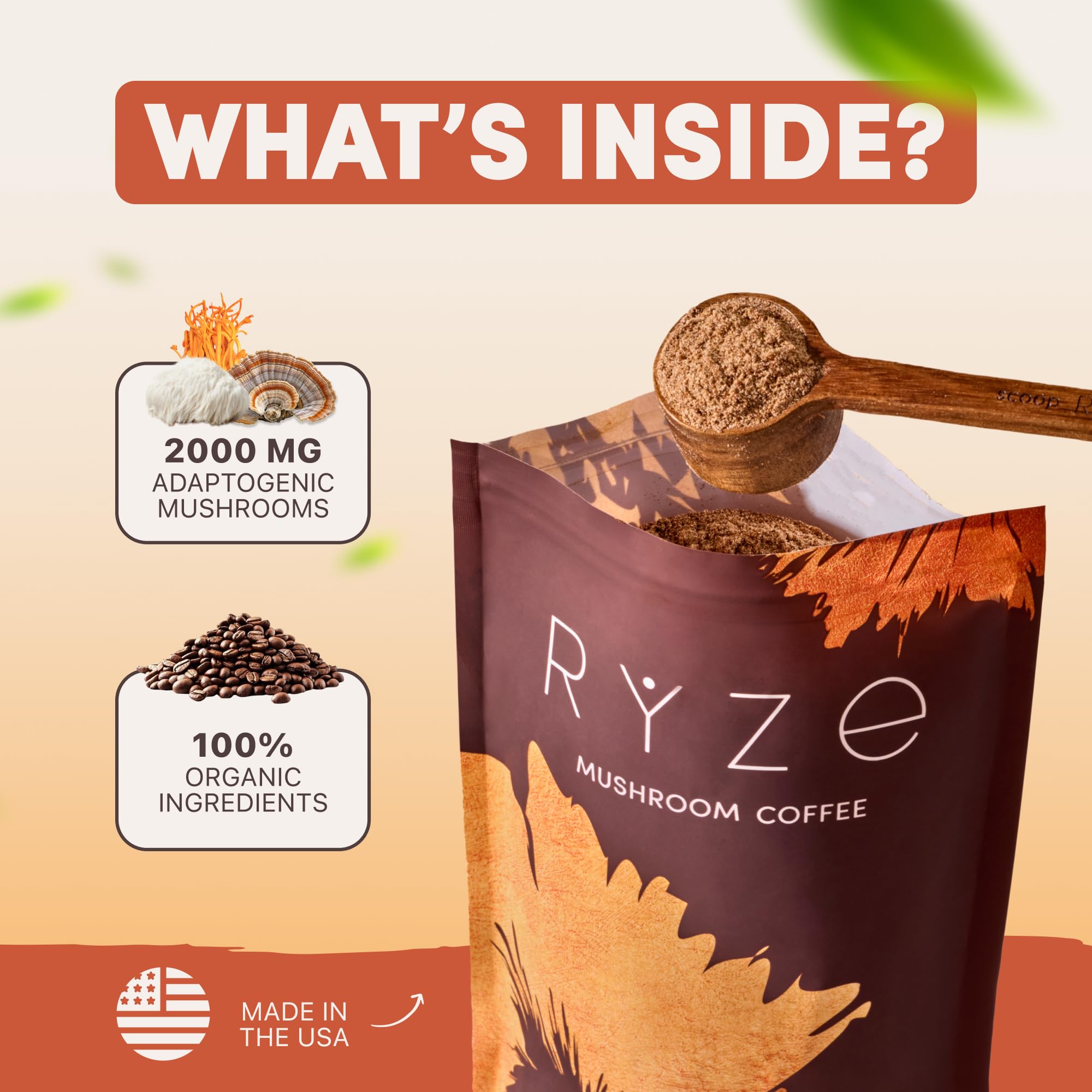 RYZE SUPERFOODS Mushroom Coffee: envase con diseño moderno para la cocina.