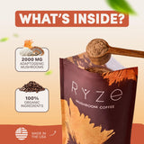 RYZE SUPERFOODS Mushroom Coffee: envase con diseño moderno para la cocina.