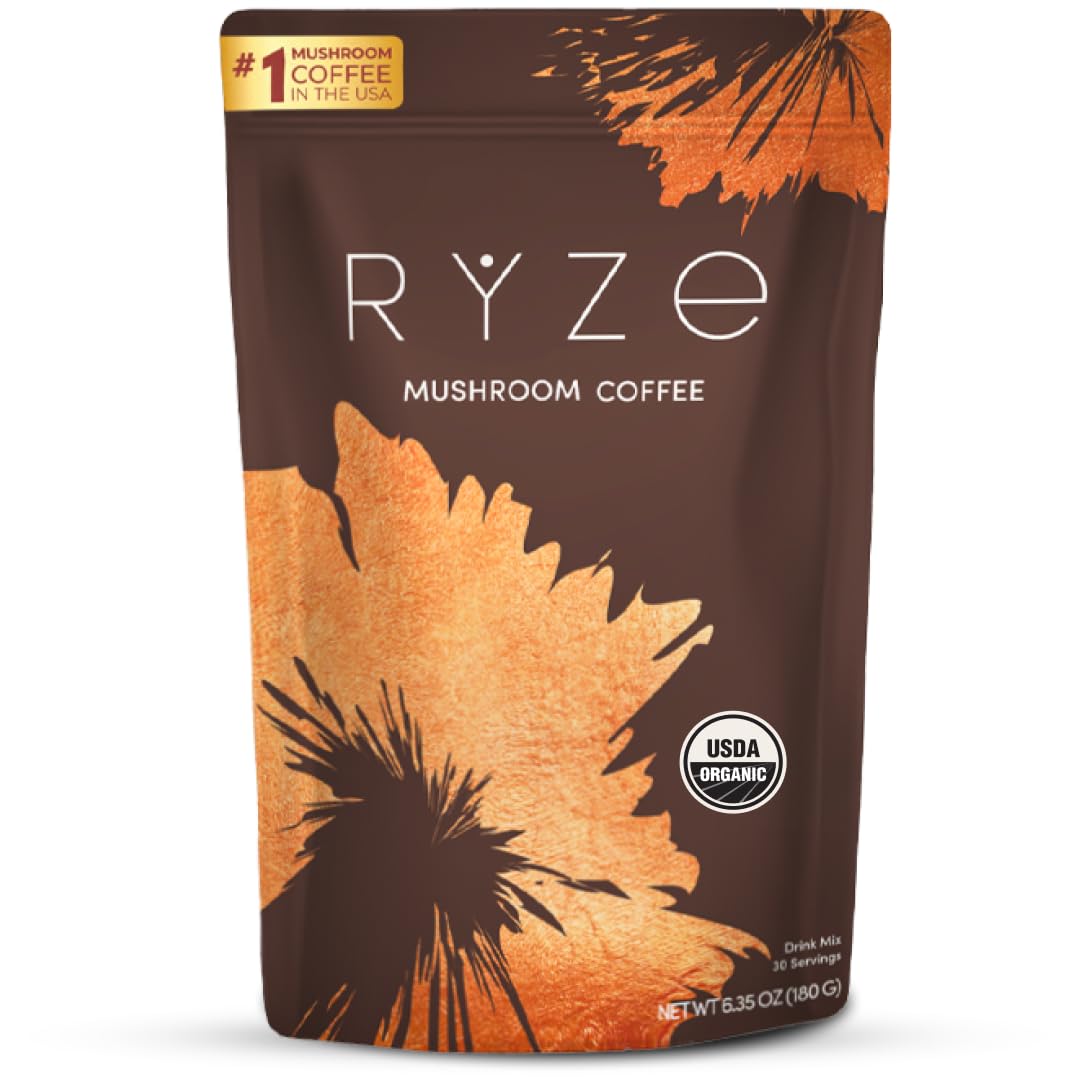 RYZE SUPERFOODS Mushroom Coffee: taza humeante para inicio energizante y equilibrado.