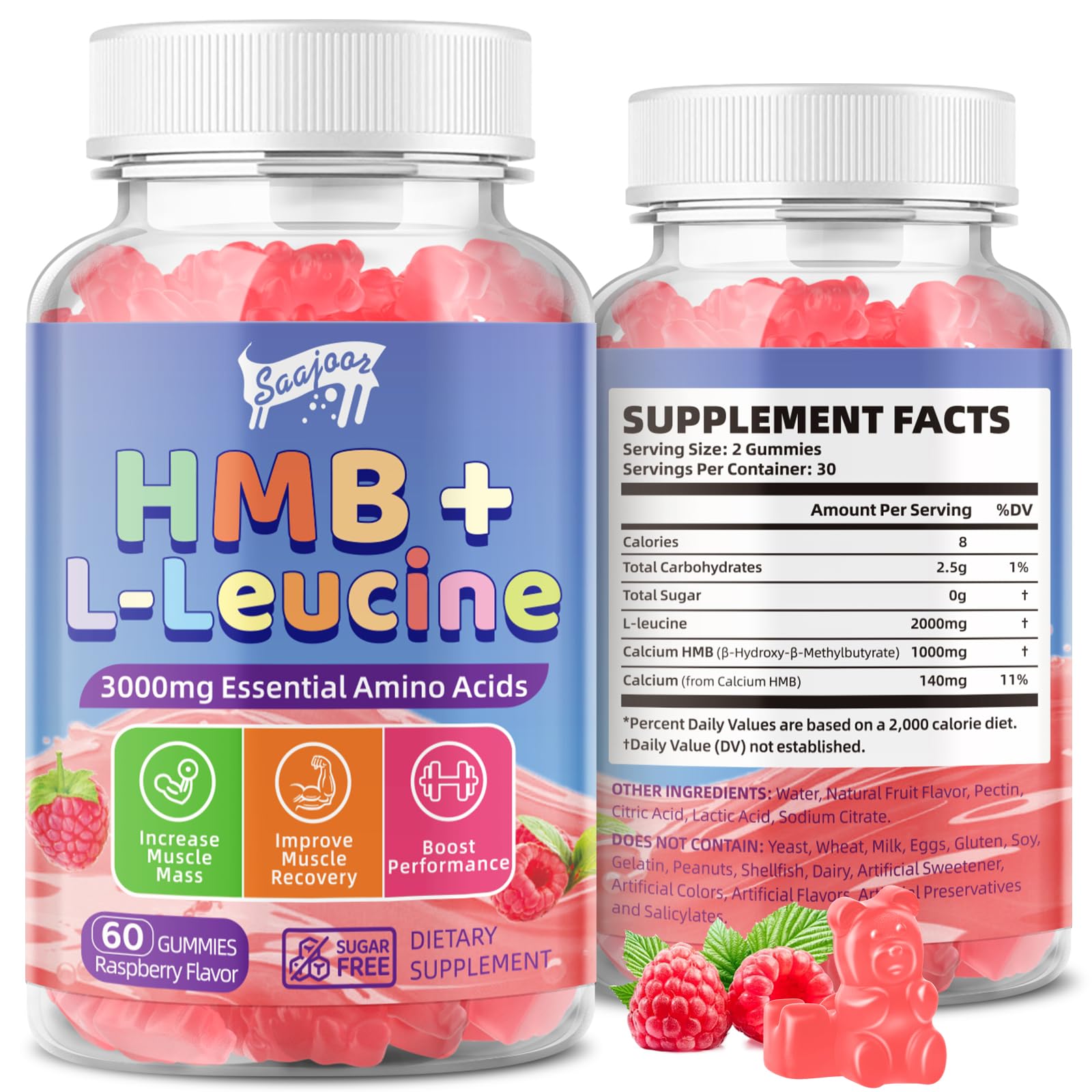 Saajoor gominolas hmb-leucina 3000mg: empaque para entrenamiento y recuperación.