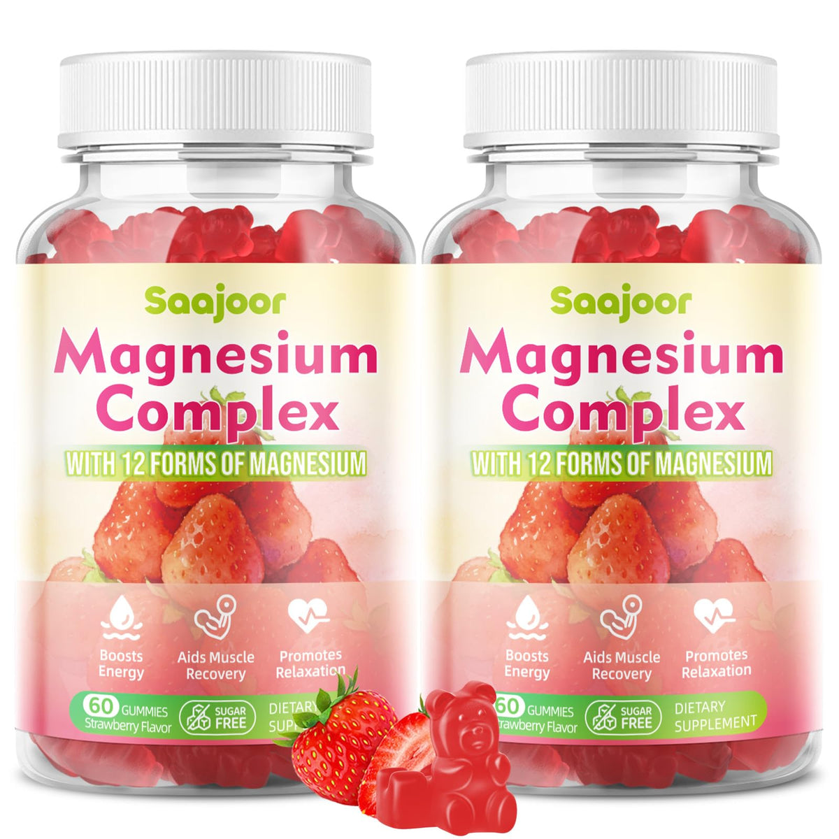 Saajoor gomitas magnesio complejo en frasco, sabor fresa, 12 formas para bienestar diario