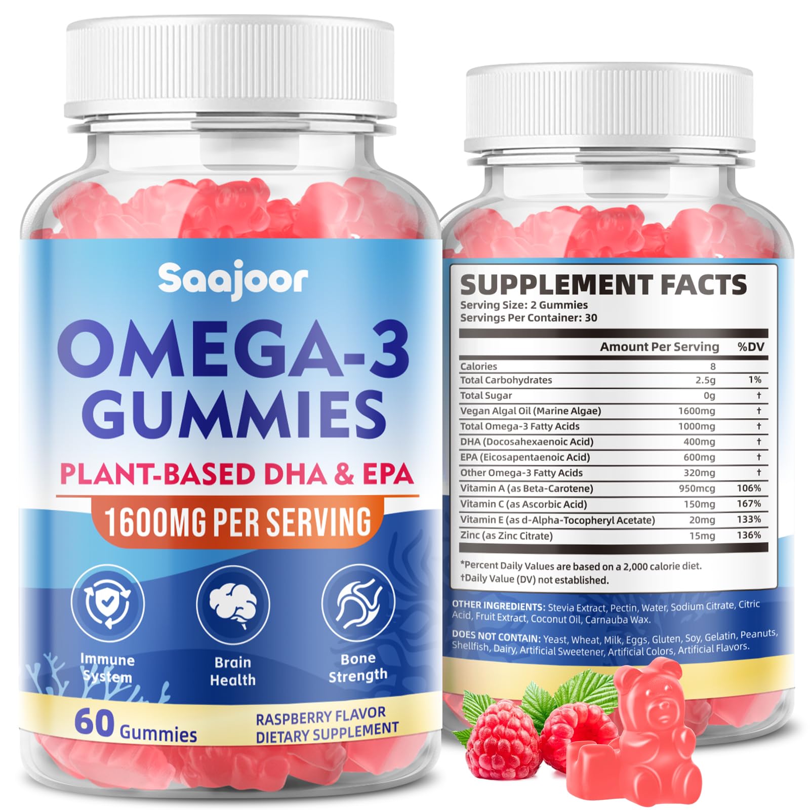 Saajoor gomitas omega-3 veganas en botella para consumo diario.