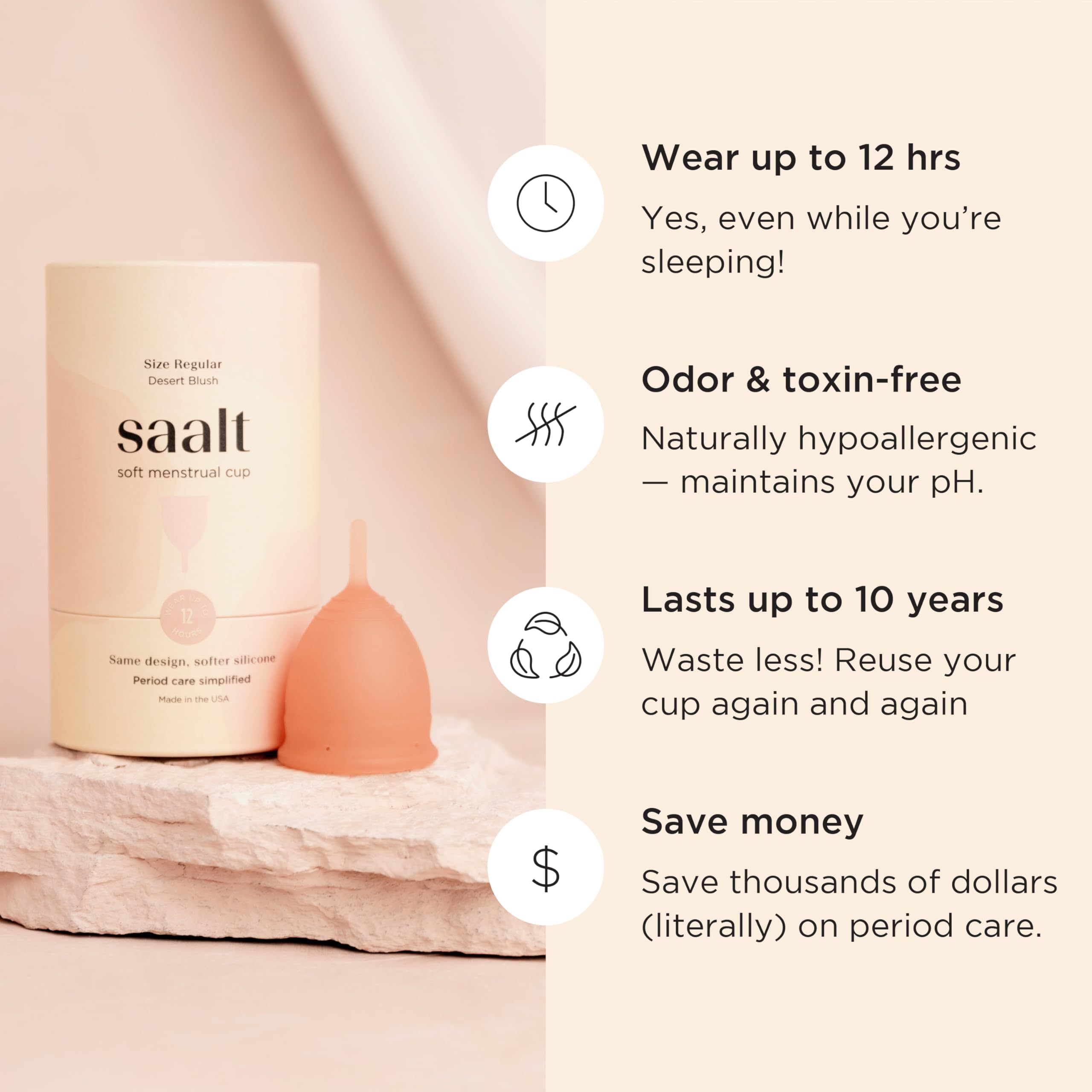 Ajuste flexible de Saalt Soft para protección sin filtraciones durante horas.