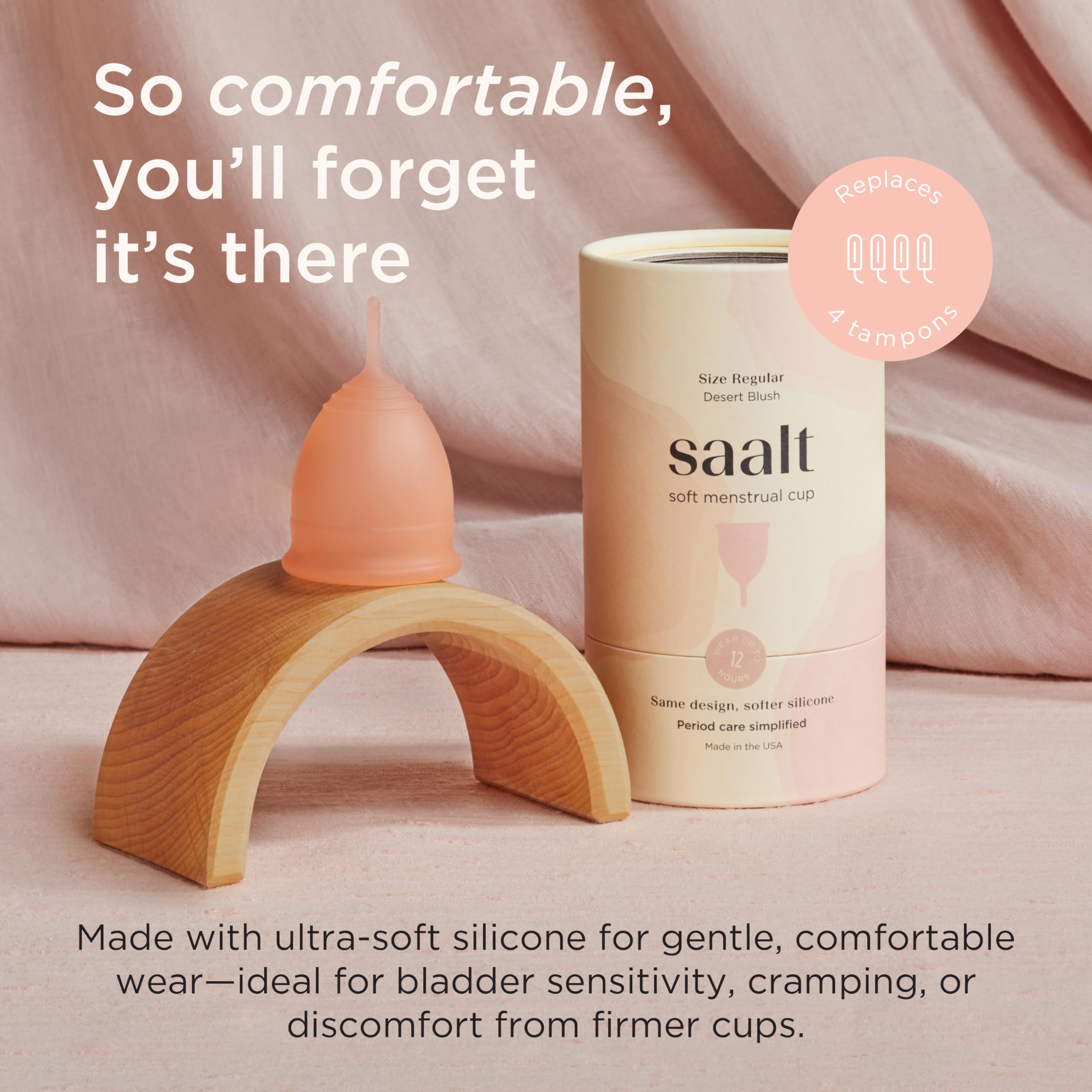 Saalt Soft copa menstrual rosa desertico, bolsa incluida para transporte discreto.