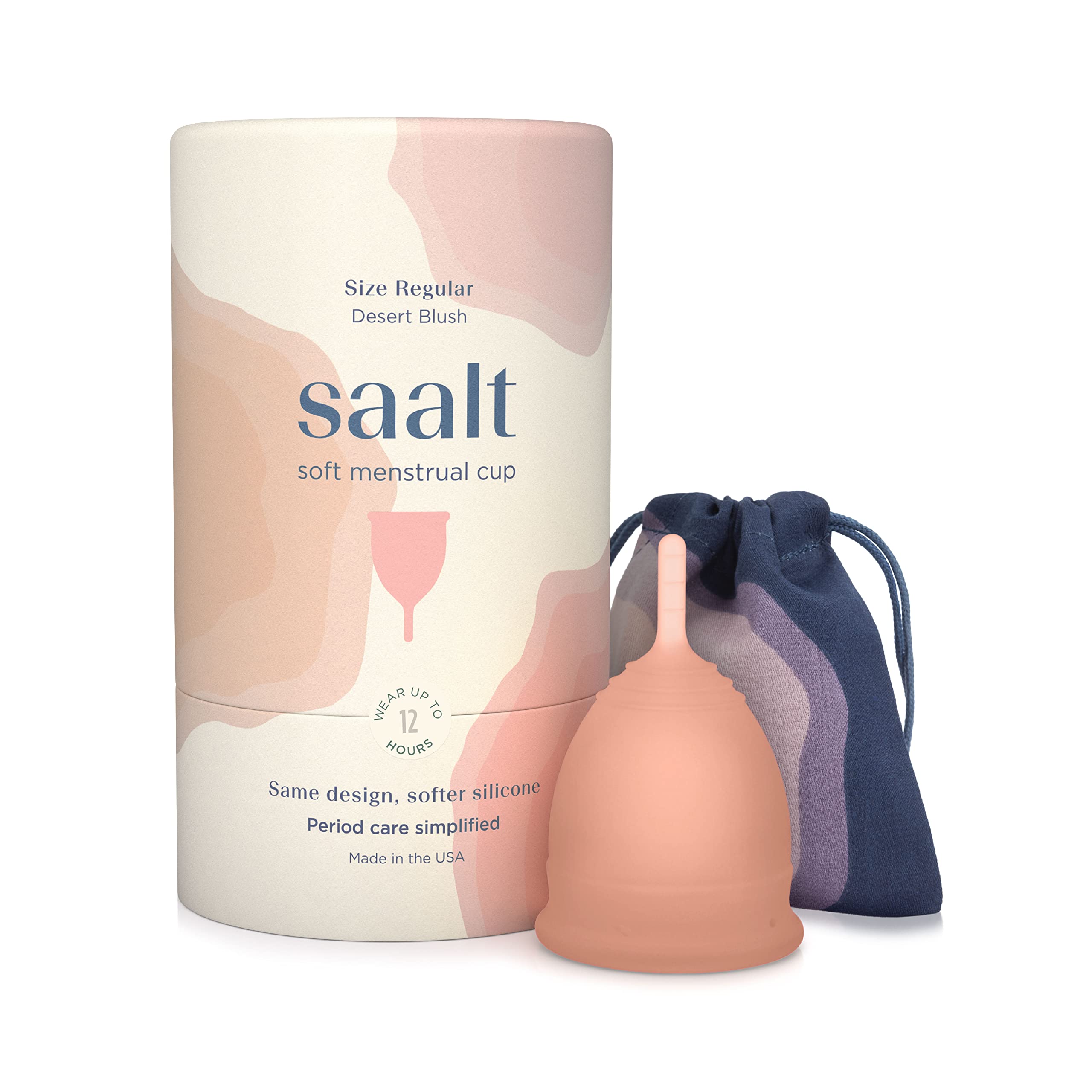 Saalt Soft copa menstrual, empaque rosa desertico: proteccion duradera y discrecion todo el dia.