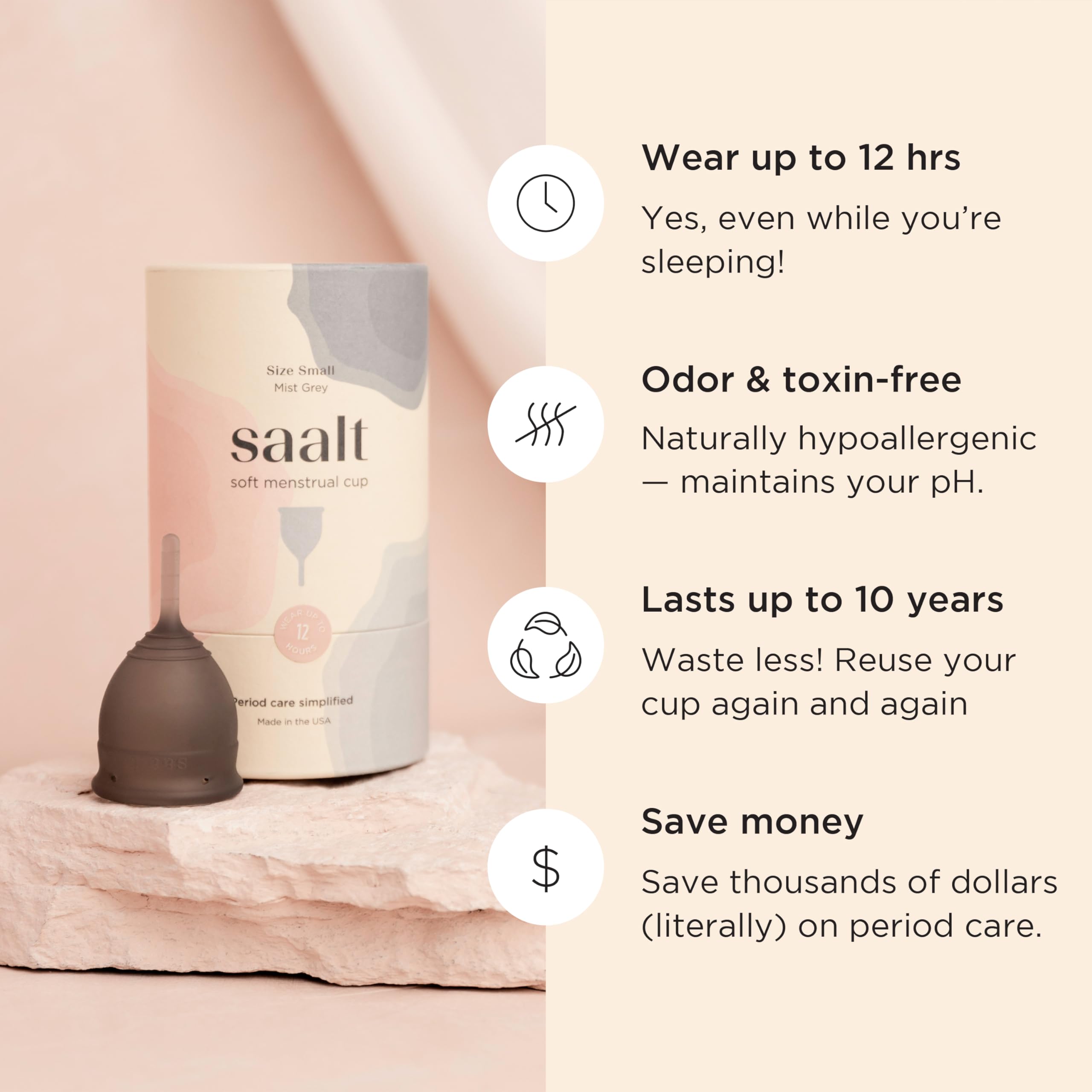 Saalt Soft copa menstrual silicona 100%, seguridad y durabilidad.