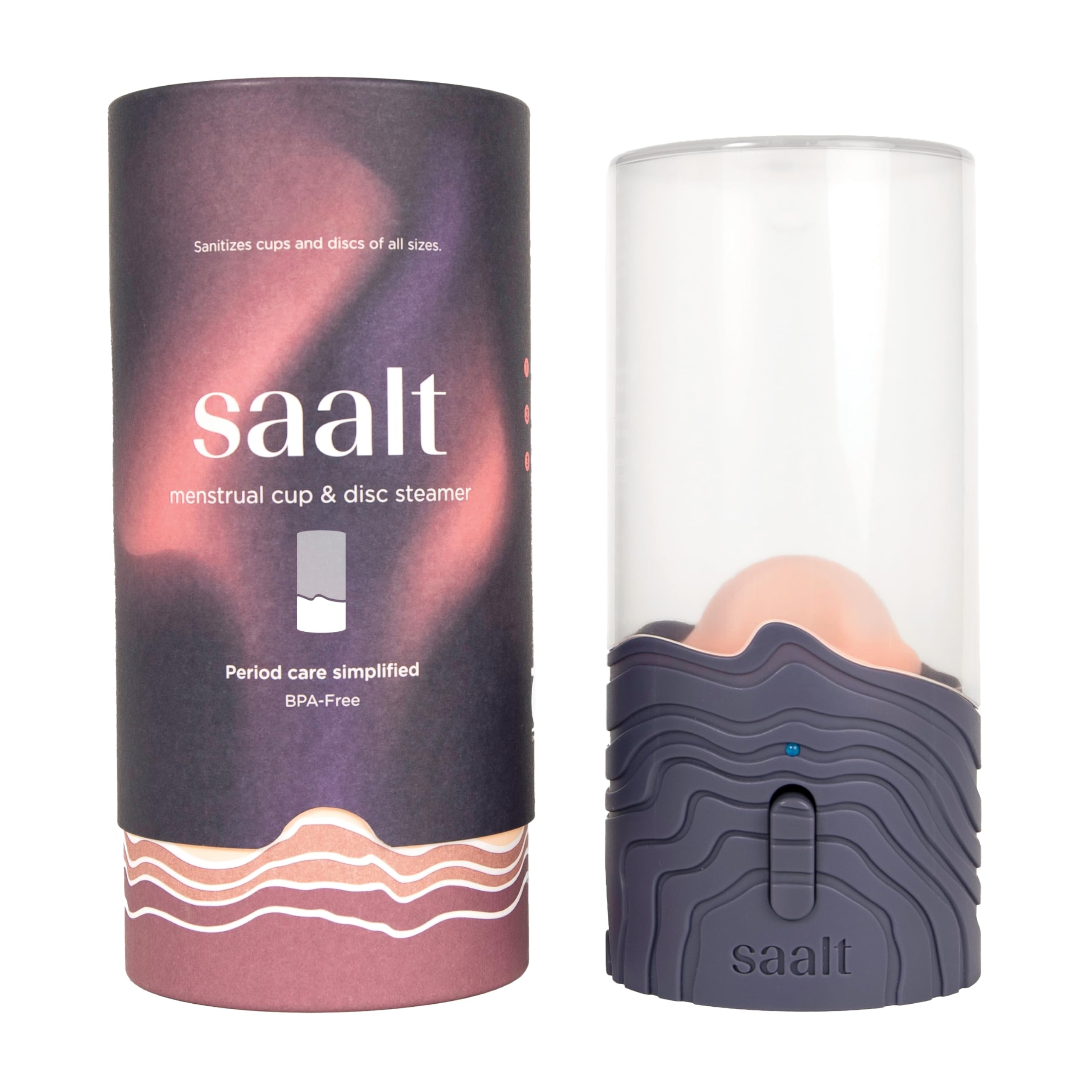 Saalt Steamer para copa menstrual en uso diario, desinfección rápida y segura.